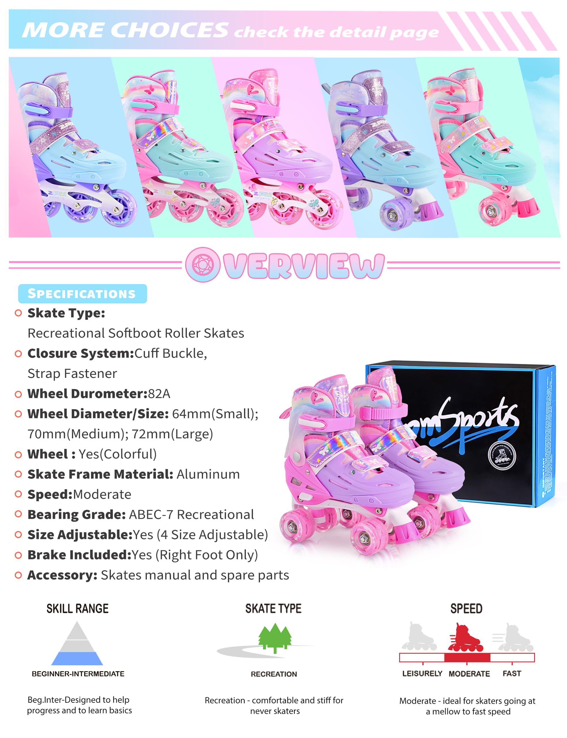 2PM SPORTS Patins à roulettes pour Enfants Fille - Rose Bleu Réglable 4 Roues pour Débutant Intérieur Extérieur