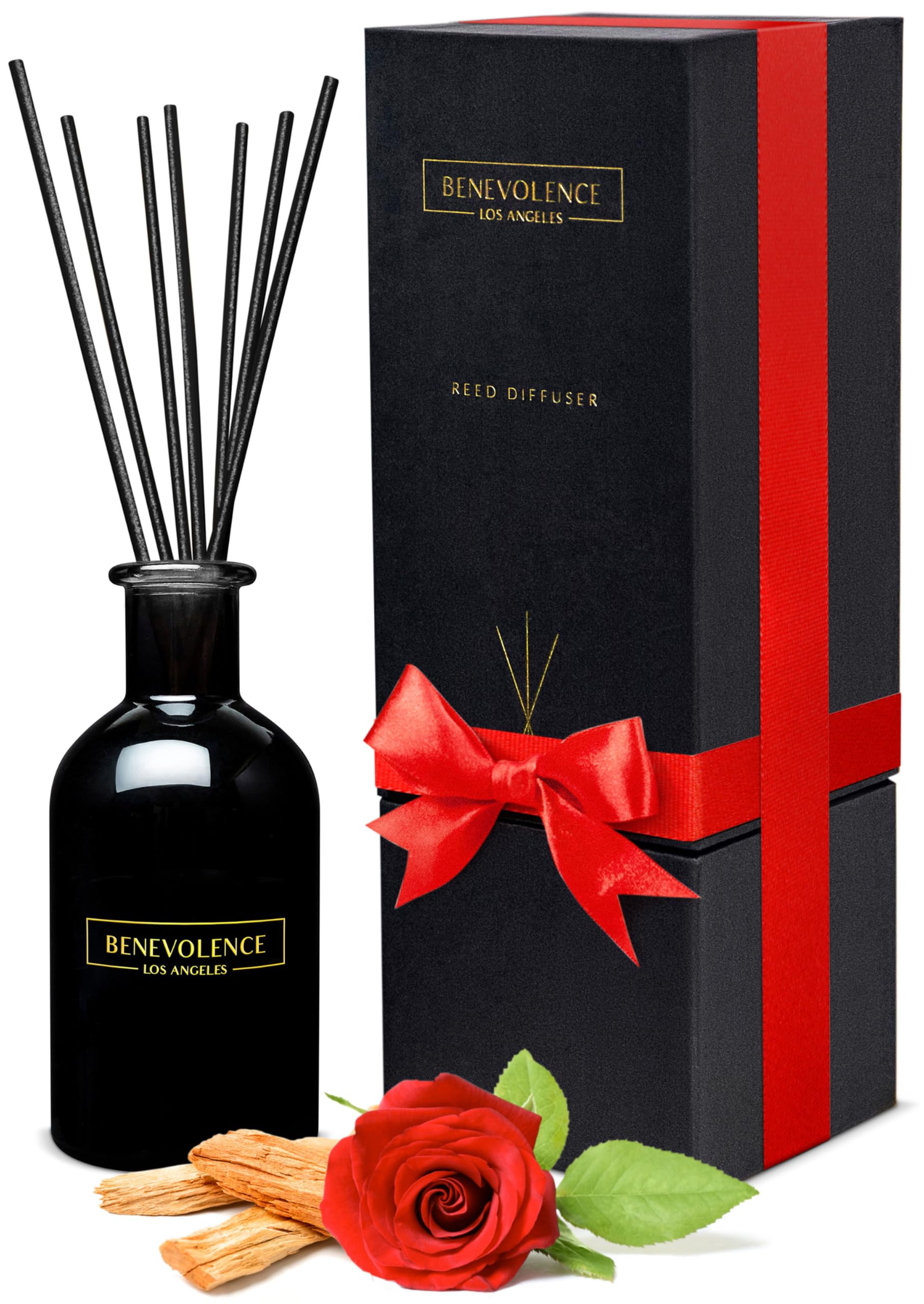 Benevolence LA Reed Diffusers for Home, Rose & Sandalwood Relaxing Fragrance | Aromatherapy Reed Diffuser Sticks with Gift Box, Scented Sticks for Bathroom | Home Décor