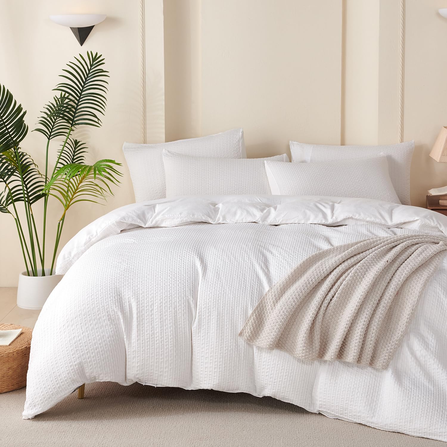 Queen Duvet Cover Striped White, 100% Washed Microfiber Jacquard 3 Pieces Queen Striped Bedding Sets, with Zipper Closure & Corner Ties, Lightweight Soft Comfort Breathable (No Comforter)