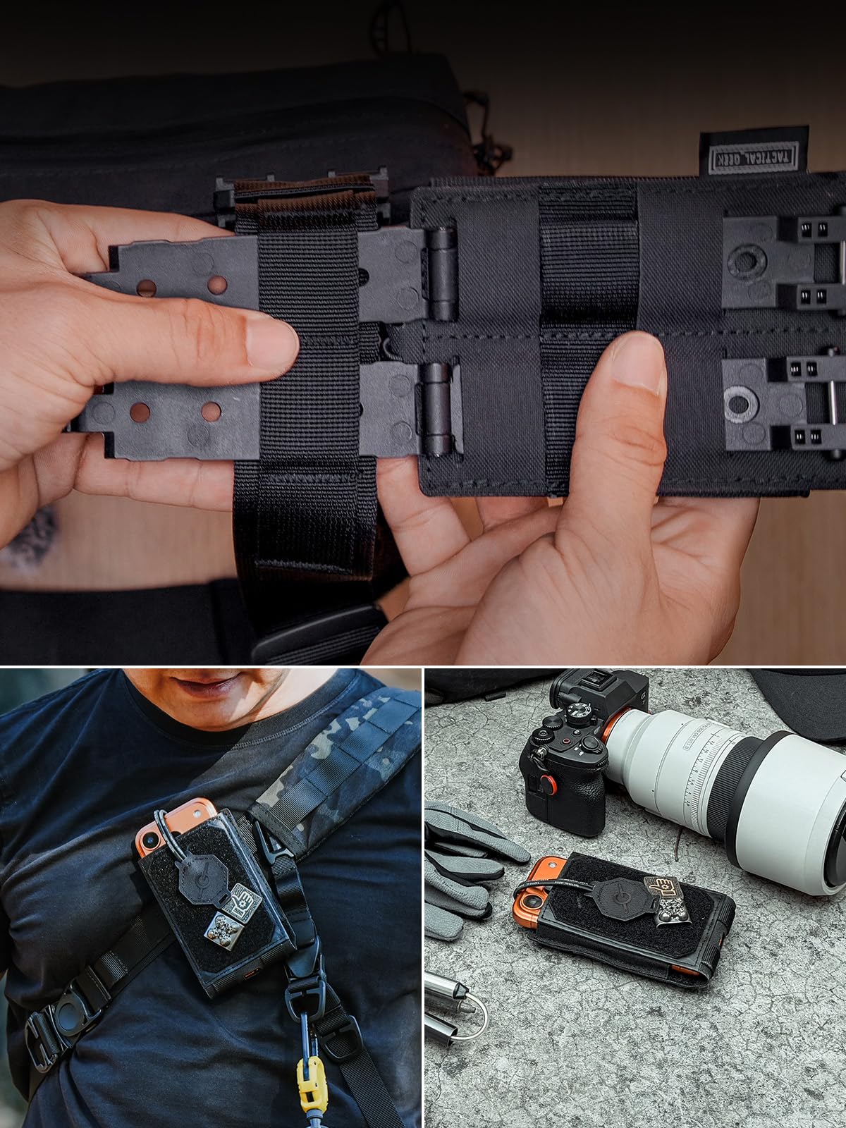 TACTICAL_GEEK EXT16 MOLLE - Custodia compatta per smartphone, in nylon, con cinghia di fissaggio, patta in per un accesso rapido, adatta per zaino e tracolla, colore: nero