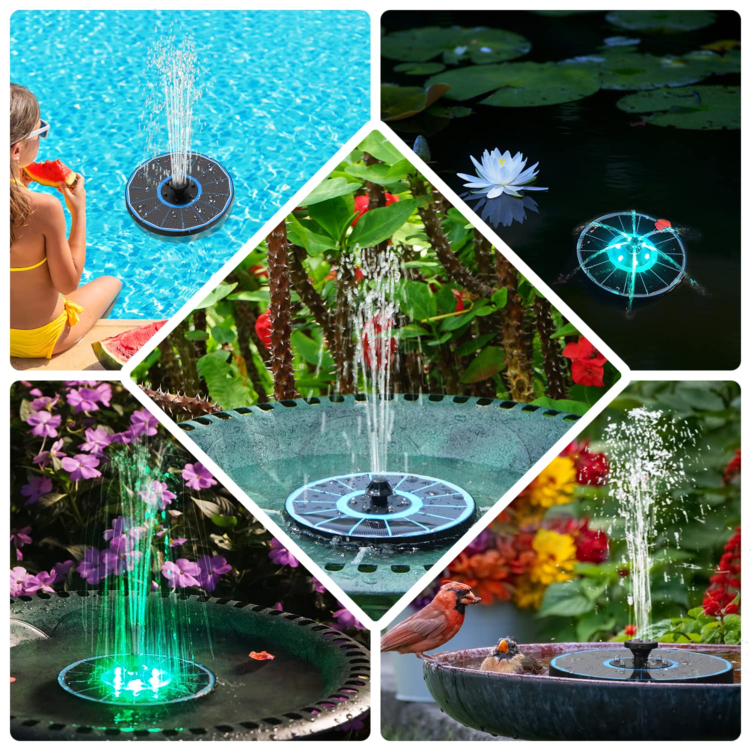 GAIZERL Solar Fountain 2023 New, 3.5W Solar Bird Bath Fountains with Glass Panel, 2000 Battery, Hummingbird Water Features with Color LED Lights, 8 Spray Modes & 4 Fixed Pipes for Garden, Pool, Pond