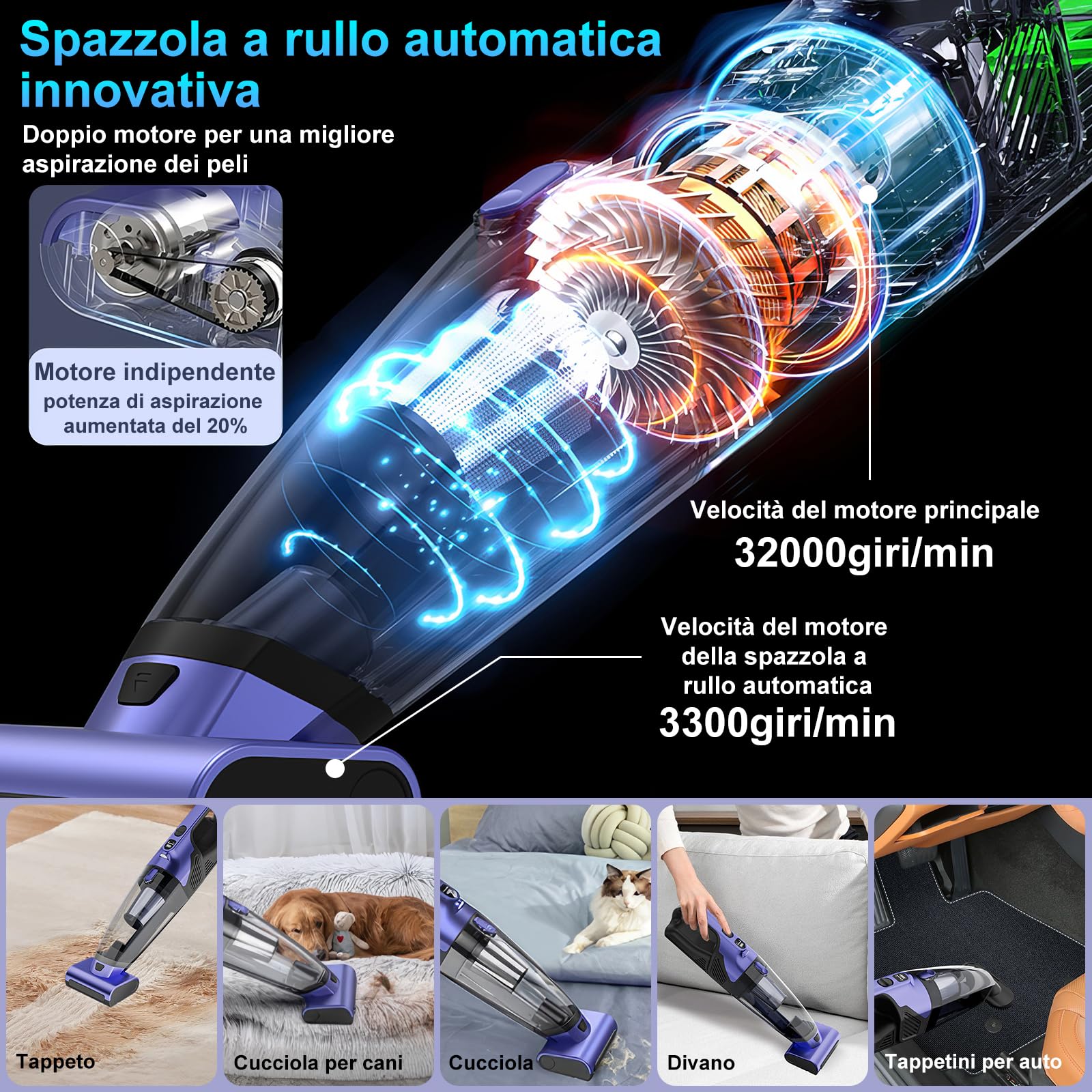 Aspirabriciole Senza Fili Potente 17000pa Aspirapolvere Auto, Mini Aspirapolvere Portatile per Auto Ricaricabile Aspira Briciole USB Aspirapolvere a Mano per Casa Auto Ufficio