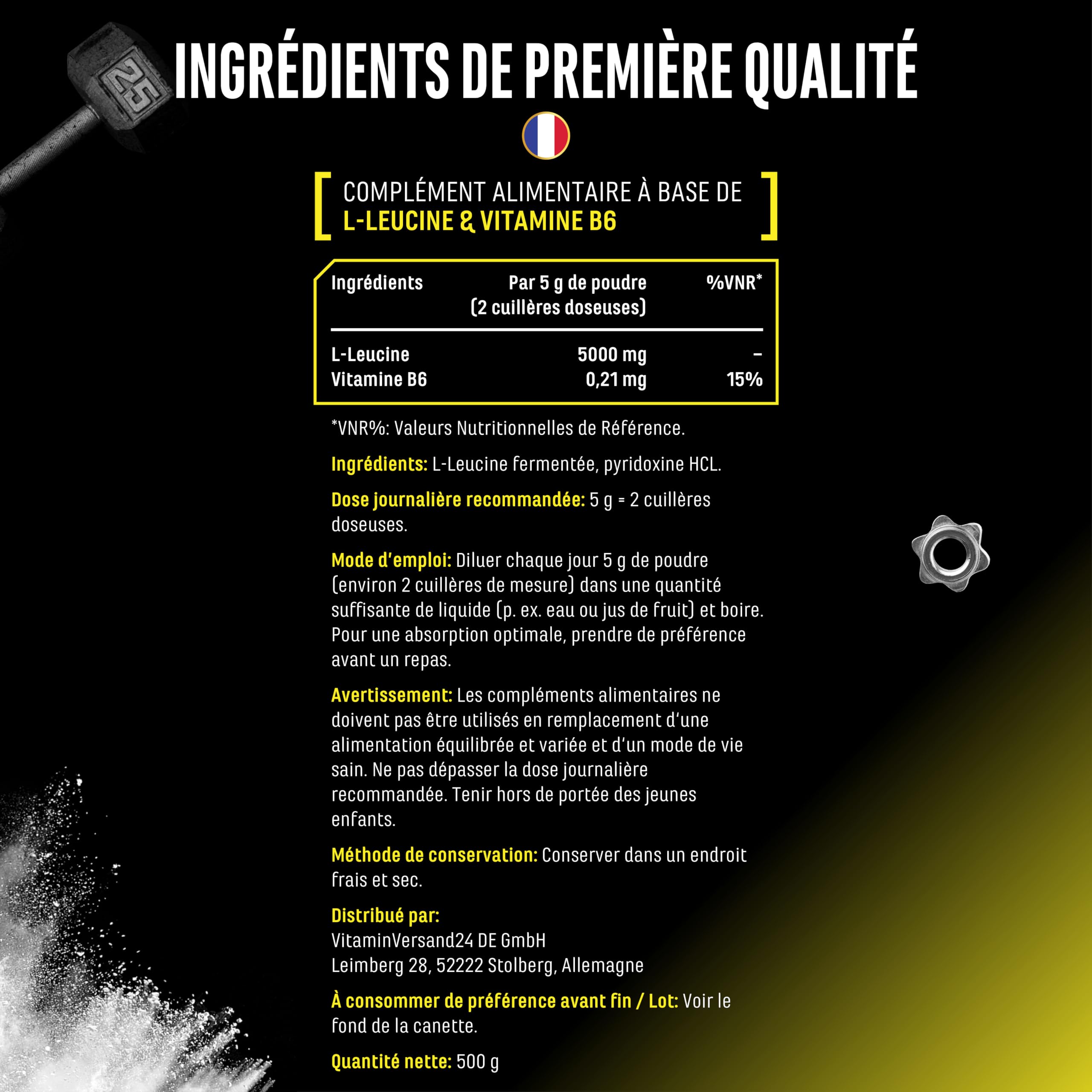 Leucine - 500 g de poudre - Haute pureté - Matière première de première qualité : L-leucine naturelle fermentée - Acide aminé - Sans additifs indésirables, végétalien