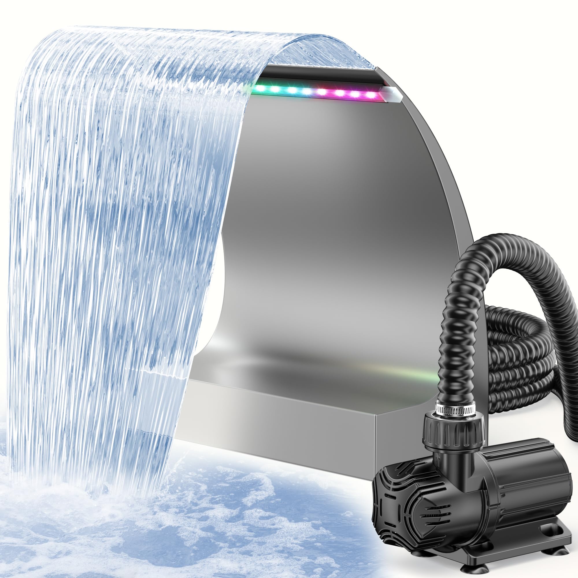POPOSOAP 300C Pond Waterfall Spillway Kit, 30cm Stainless Steel Outlet, 6000L/H 24V DC Pump with LED Lights, All-in-One for Garden Ponds, Pools & Compact Backyards