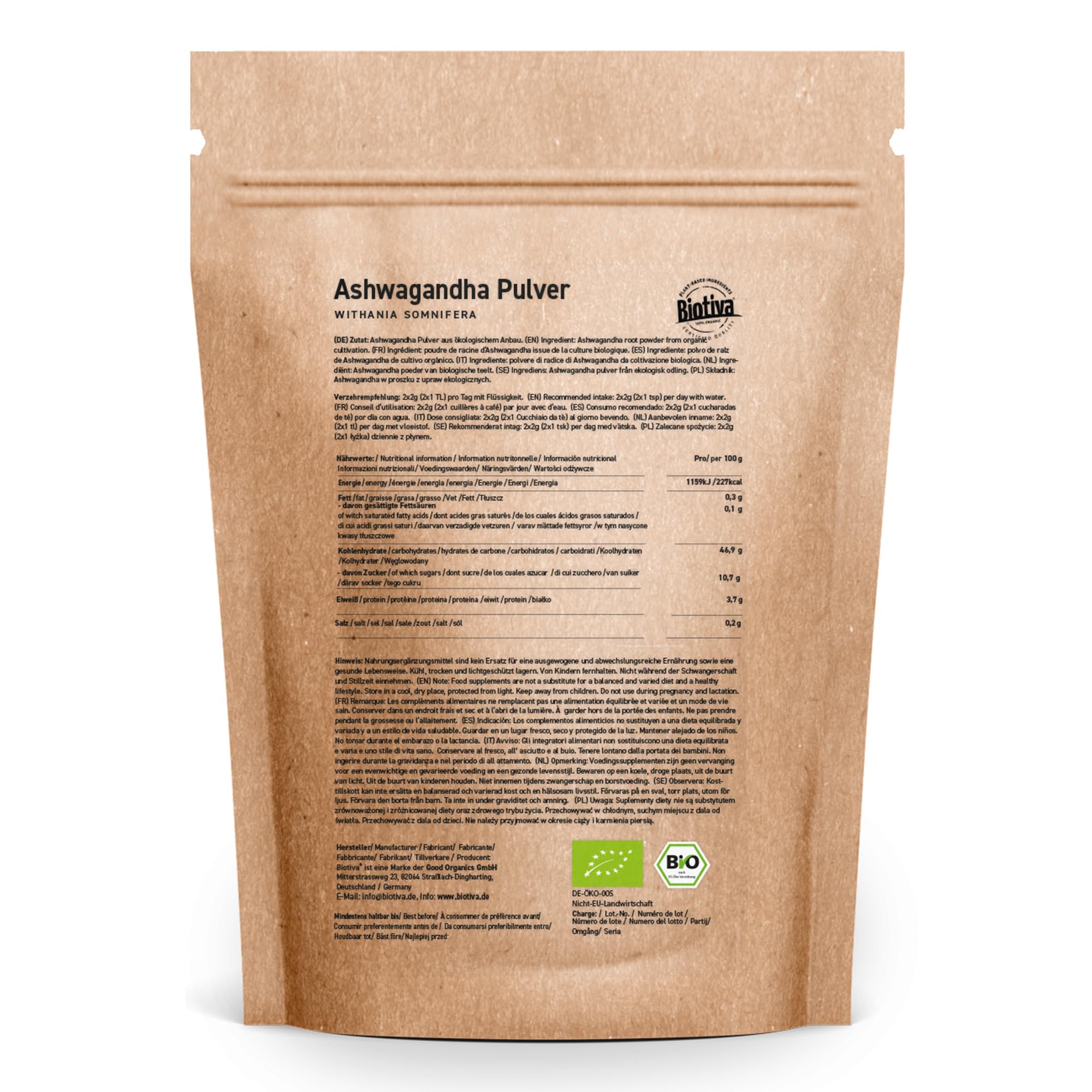 Biotiva Polvo de ashwagandha orgánico 1000g - Baya del sueño - Ayurveda - Ginseng indio - vegano - Embotellado en Alemania (DE-ÖKO-005)