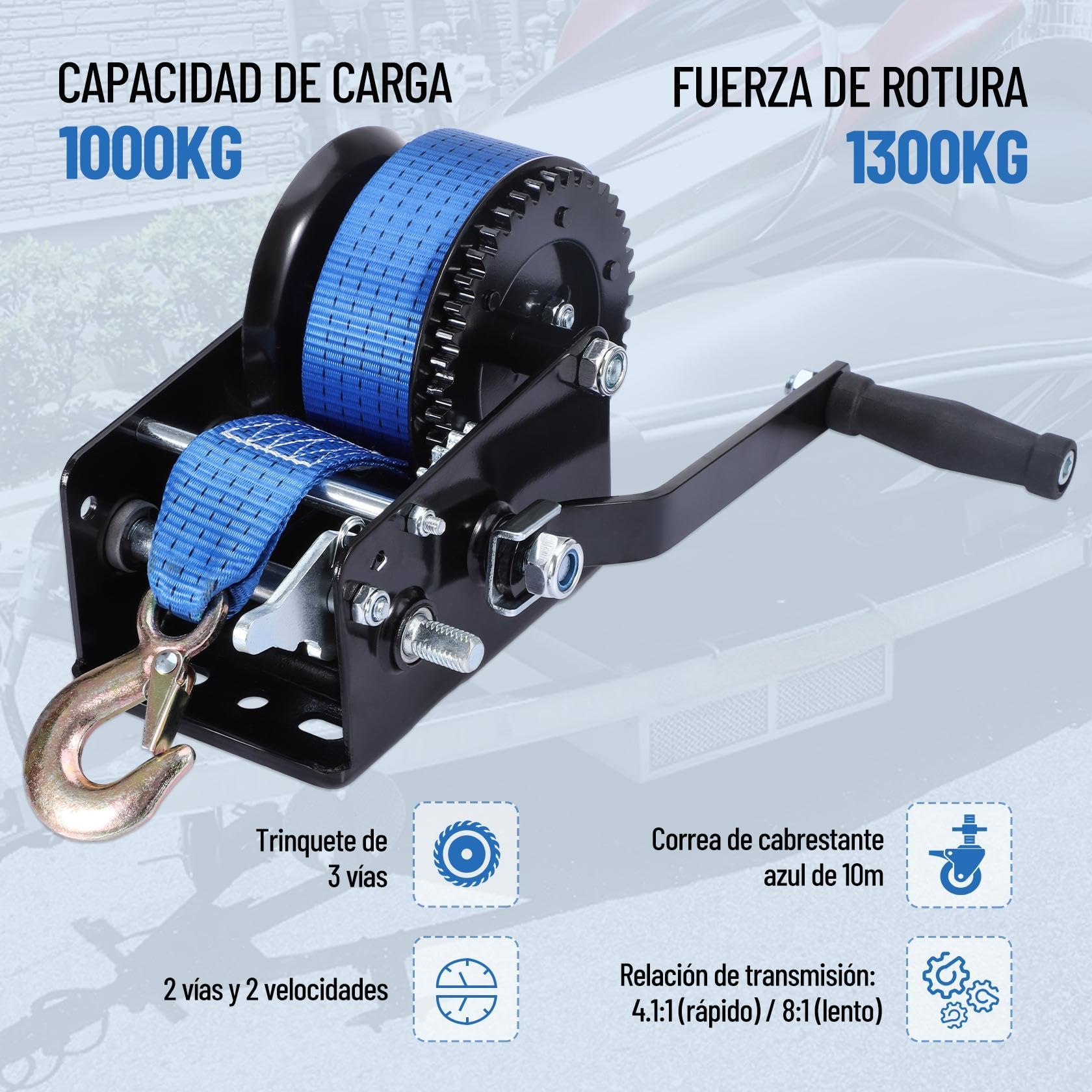 Pindex Cabrestante manual con correa de 10m, cabrestante manual de cuerda de 1000kg con banda de correa, cabrestante para barco, cabrestante de correa manual con freno antirretorno para taller, garaje