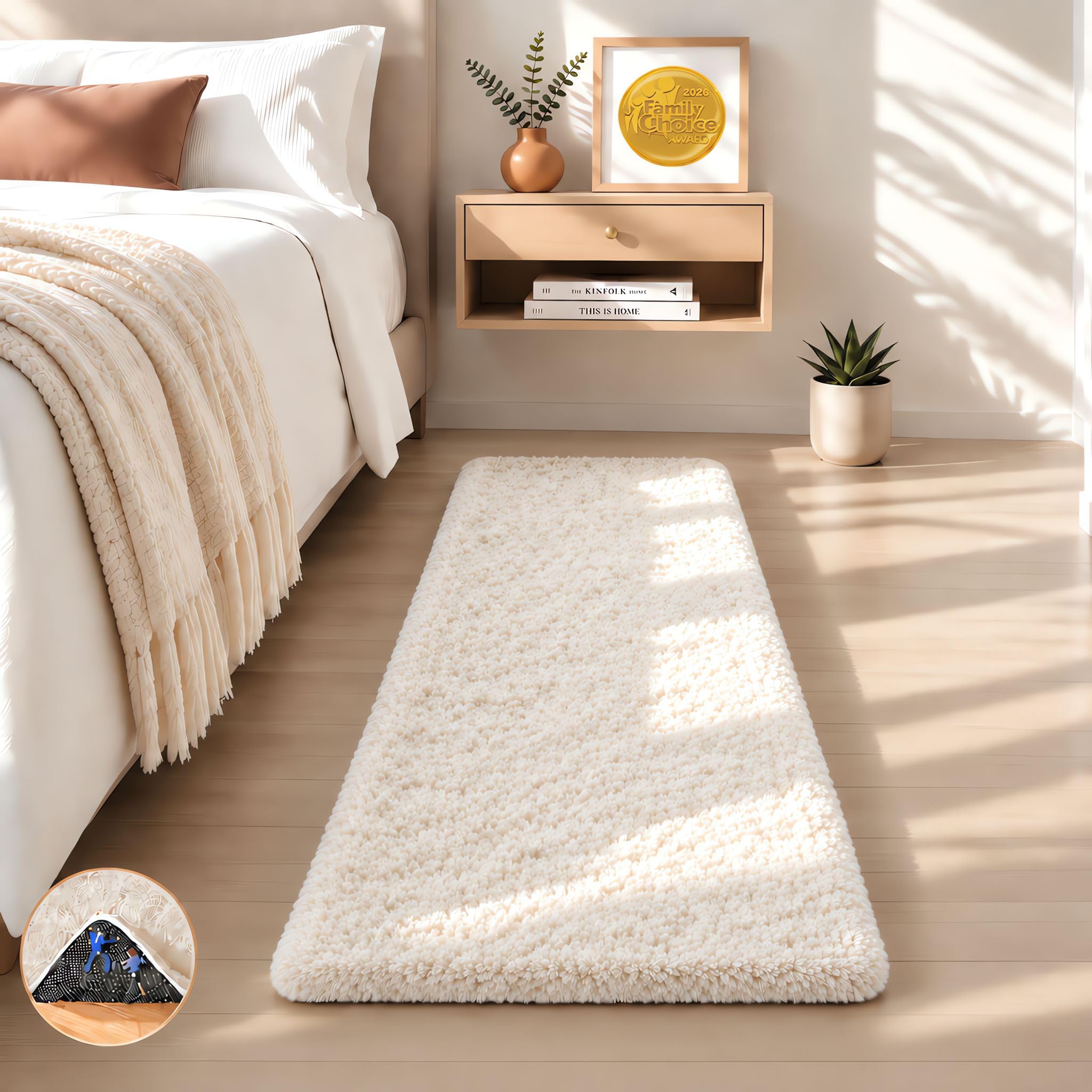 Ophanie Runner Rug for Hallway, 2x6 Upgrade Non-Slip Fluffy Soft Bedside Rugs, Bedroom Living Room Ivory Shaggy Carpet for Kids Girls Boys Dorm Nursery Home Decor Aesthetic
