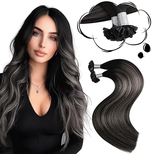 Moresoo Extensiones de cabello con punta en U, extensiones de cabello humano negro degradado, extensiones de cabello humano negro balayage plateado