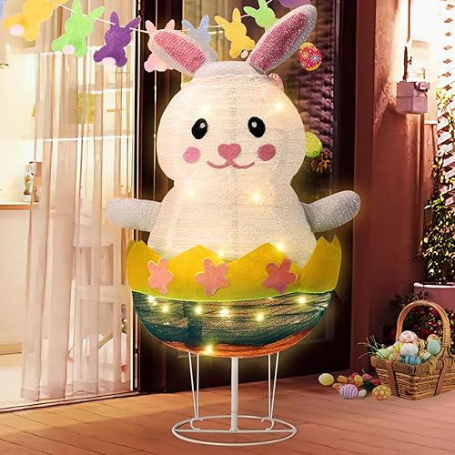 CiyvoLyeen Decoración de conejo de Pascua iluminada de 2.6 pies, plegable, luz para interiores y exteriores, decoración de Pascua con luces LED
