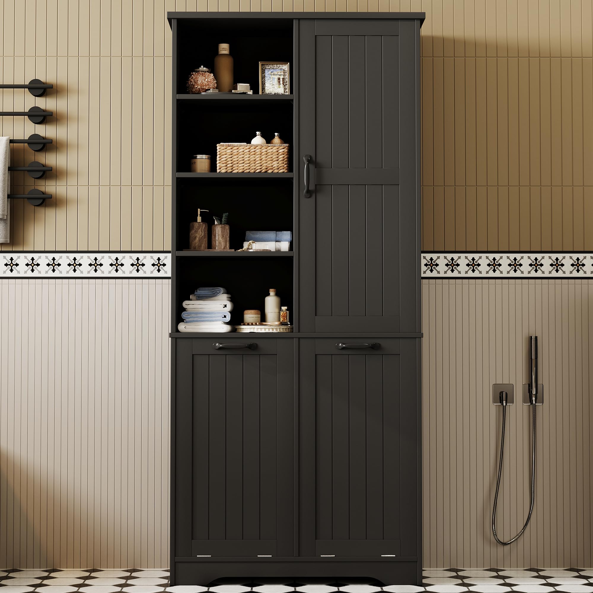 Doppio cesto portabiancheria aperto con ripiani adiubili neri da bagno Sto Unit nizing Solut per la casa Design salvaspazio