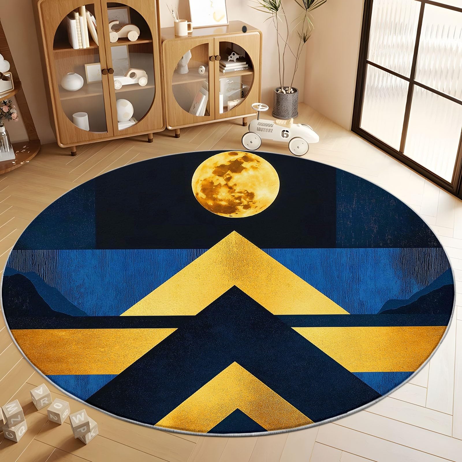 Rond Tapis Salon Bleu, Moquette Motif Géométrique Abstrait De La Lune — Tapis Chambre de Décoration Poil Ras Lavable en Machine Paillasson Rond Antidérapant Salle a Manger Chambre Adulte, 210 cm