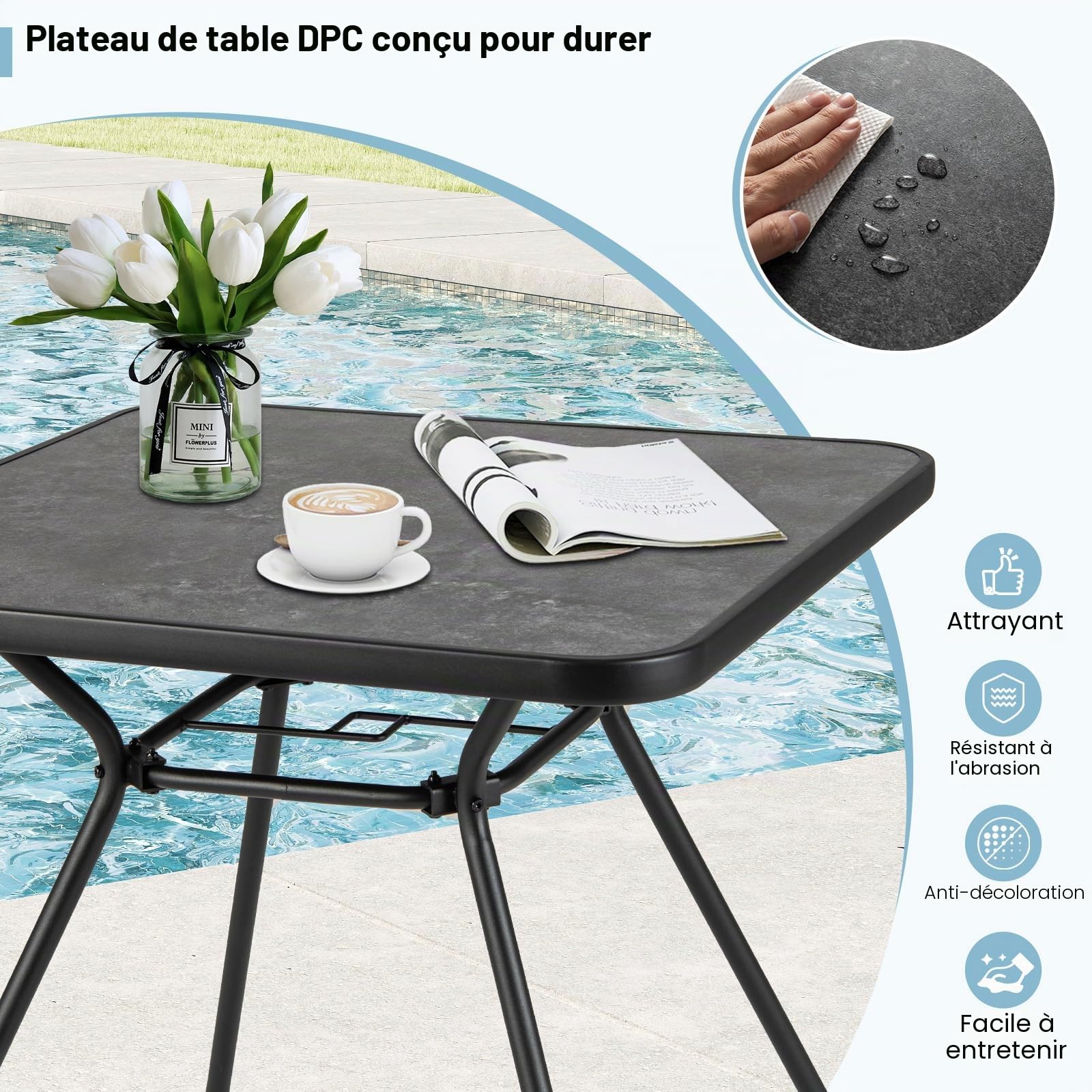 GIANTEX Table de Jardin Carrée, Plateau en SPC, Trou pour Parasol Ø 4 cm avec Couvercle, Pieds Réglable, Cadre en Métal Robuste, Charge 100 kg, Table Exterieur pour Jardin, Balcon, Terrasse, Noir