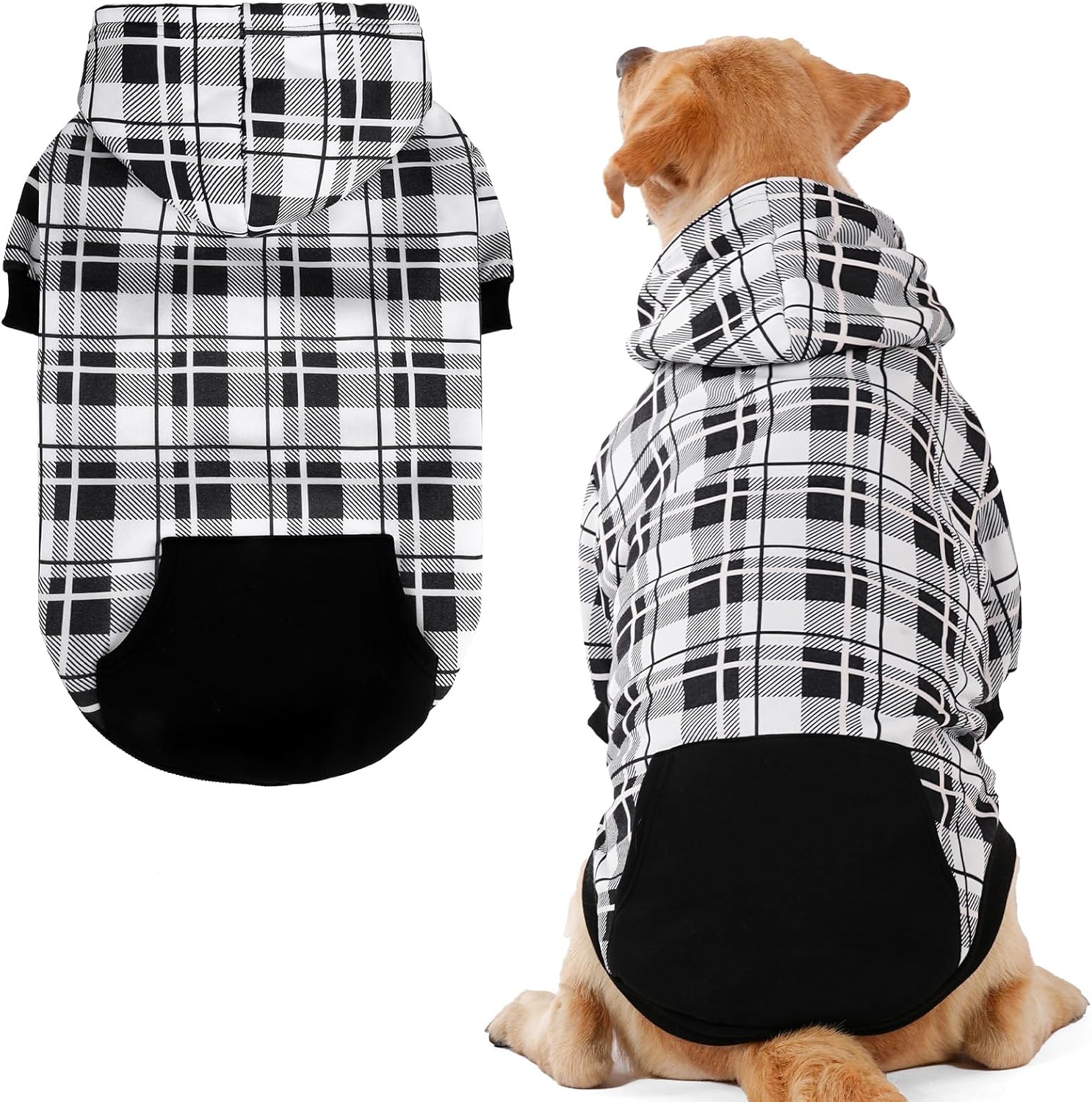 EXPAWLORER Plaid Dog Hoodie - British Style Warm Dog Sweater Shirt with Leash Hole,Pitbull Clothes Outfits,Winter Coat Apparel for All Breeds Puppy Girl Boy-Cat Apparel,Black & White X-Large X-Large Black & White