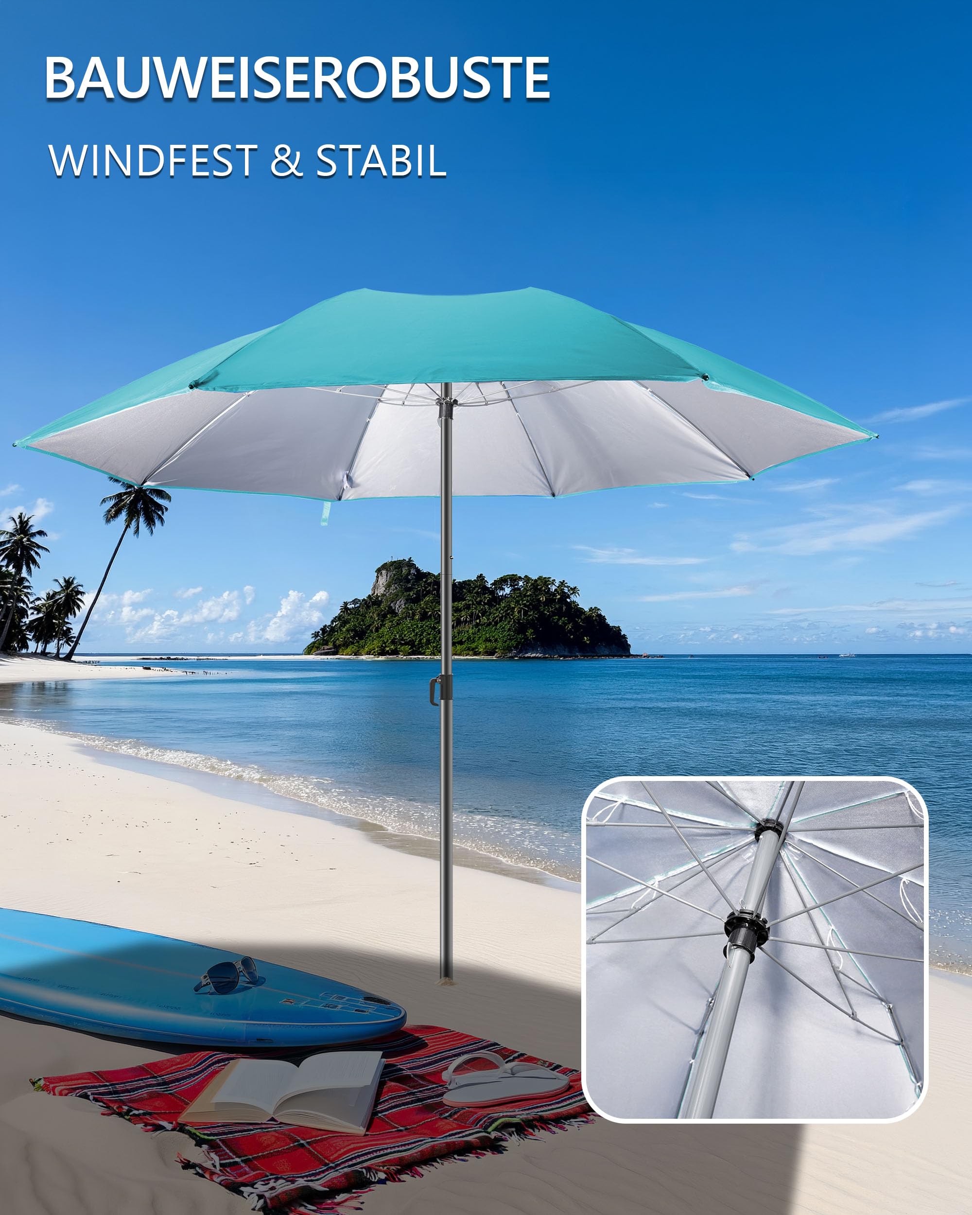 4smile Sonnenschirm Strand Ø 160 cm, UPF 50+, Fb. Türkis | Praktischer Reise Sonnenschirm für Koffer - Funktioneller Strandschirm klein faltbar, kompakter Strandschirm koffertauglich