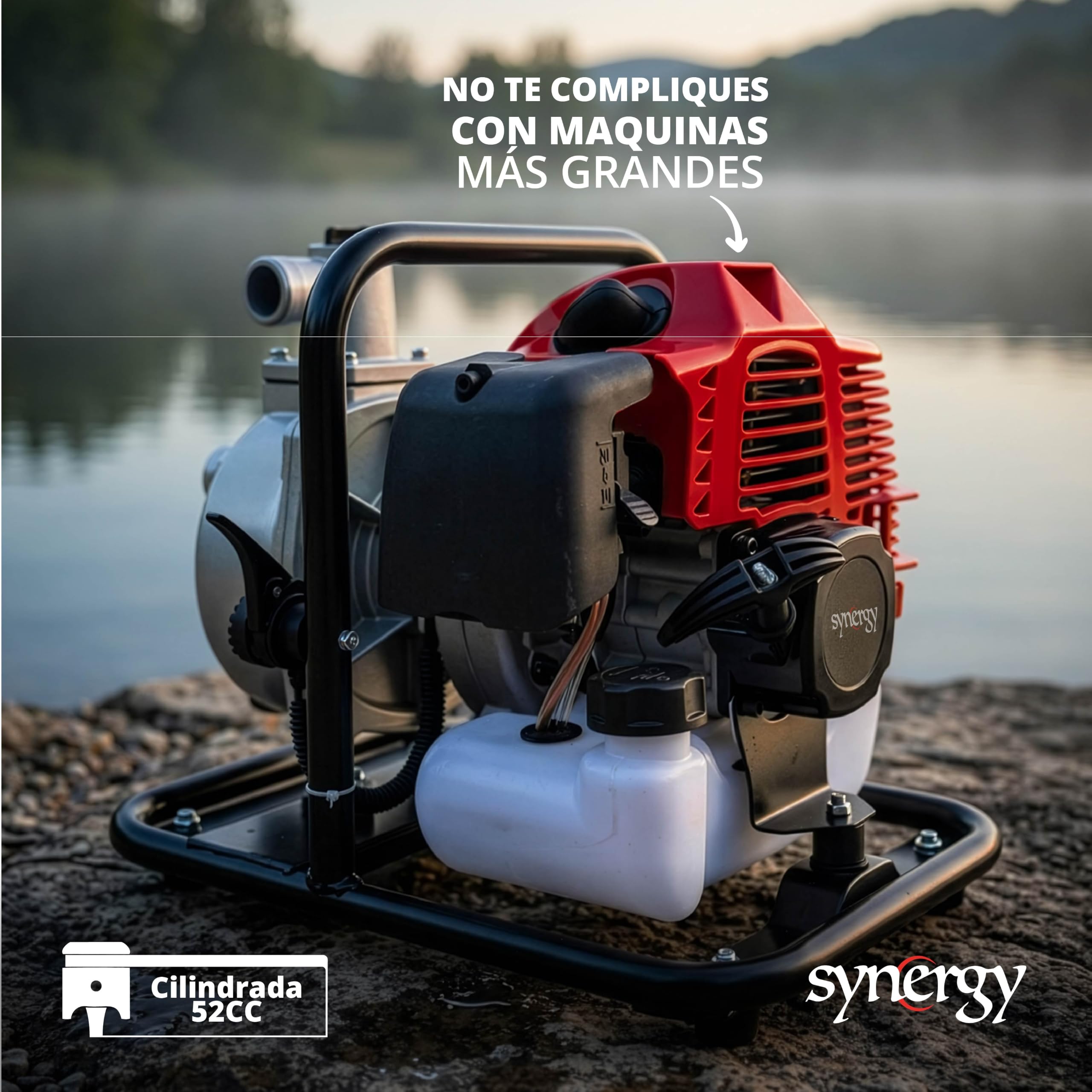 Synergy Motobomba de Gasolina Profesional 2T – Motor 52cc 1,95CV – Caudal 7.000L/h, Altura 24m, Succión 7m, Paso 25mm – Ligera, Compacta y Resistente – Ideal para Riego y Drenaje