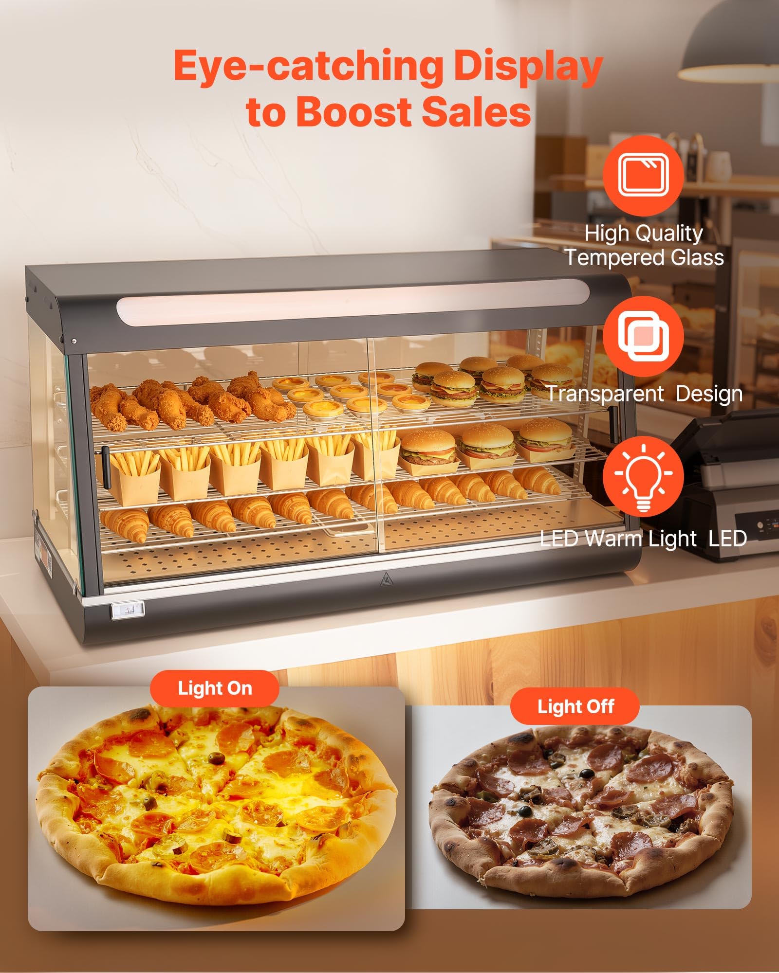 VEVOR Vetrina Calda per Alimenti Cibo a 3 Livelli, Espositore Scaldavivande da 1600 W con Luce LED, Vano Portaoggetti Superiore e Ripiani Regolabili, per Hamburger, Pizza, Pane, Pollo Fritto