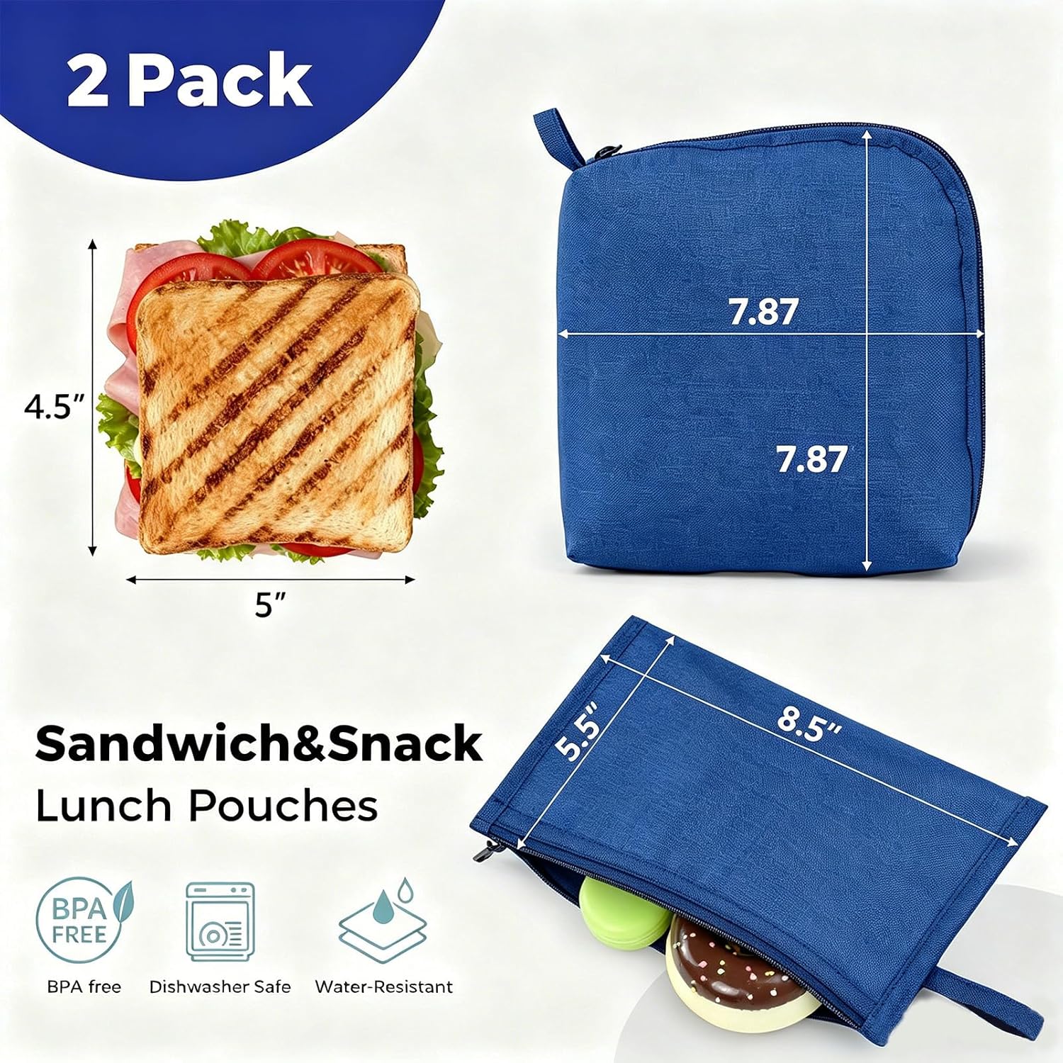 Moyad Reusable Sandwich Bags 2 Pack, Zipper Snack Pouch, Mini Lunch Bag image 2