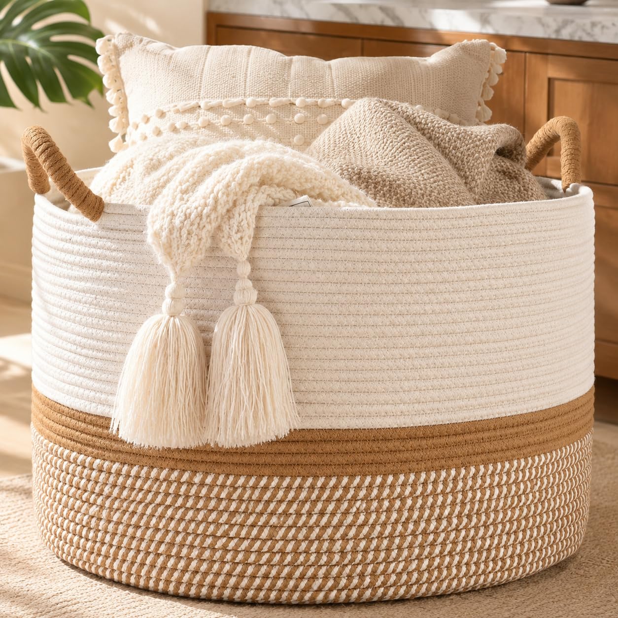 KAKAMAY Large Blanket Basket (20"x13"),Woven Baskets for storage Baby Laundry Hamper, Cotton Rope Blanket Basket for Living Room, Laundry, Nursery, Pillows,Toys