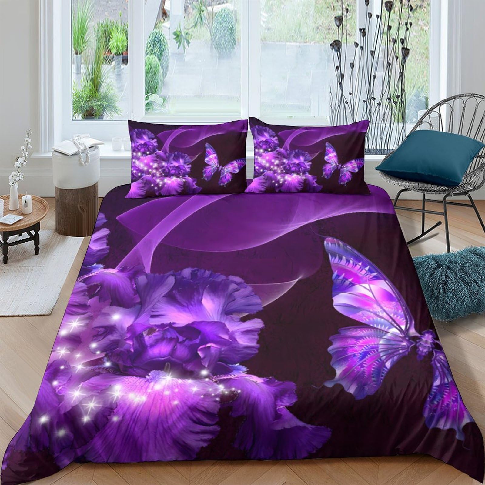 Ctjqhvkz Style-1 3D Printed Purple Butterfly Fitted Sheet Microfiber Soft Floral Bed Cover For Bedroom Guest Room Mattress Protection Single（135X200cm）