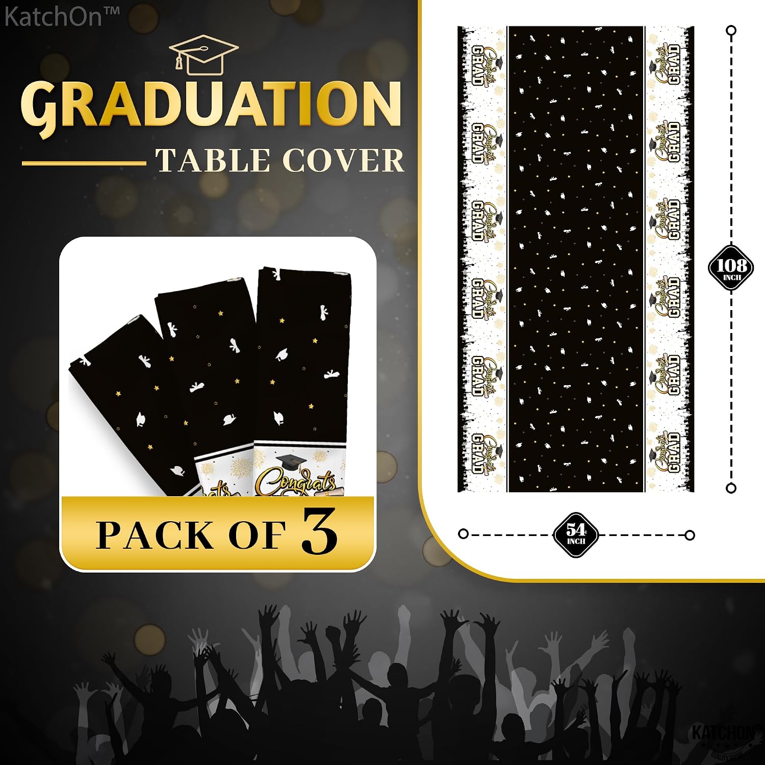 KatchOn, Black and Gold Graduation Tablecloth -108x54 Inch, Pack of 3 | Congrats Grad Tablecloth for Graduation Decorations 2026, Grad Party Decorations 2026 | Graduation Table Decorations 2026