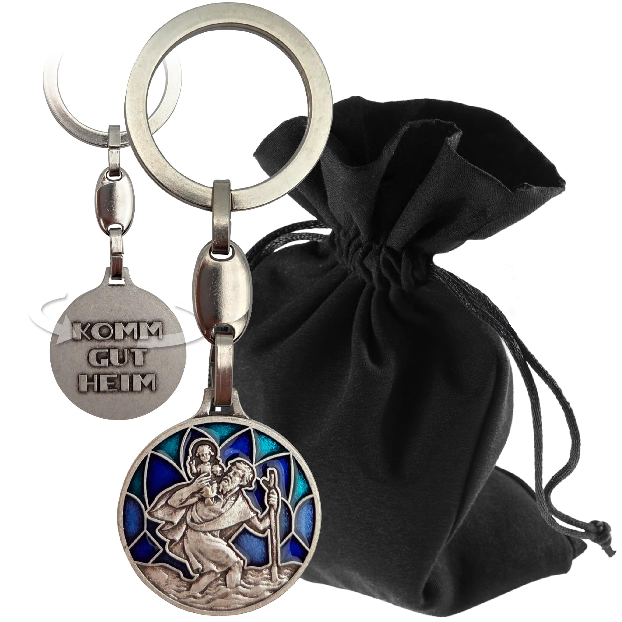Lunexus Christophorus Schlüsselanhänger Blau – gesegnet mit Zertifikat – inkl. Samtsäckchen – Glücksbringer Schlüsselanhänger Auto – heiliger Christophorus Talisman – Schutzpatron Autofahrer Reisende