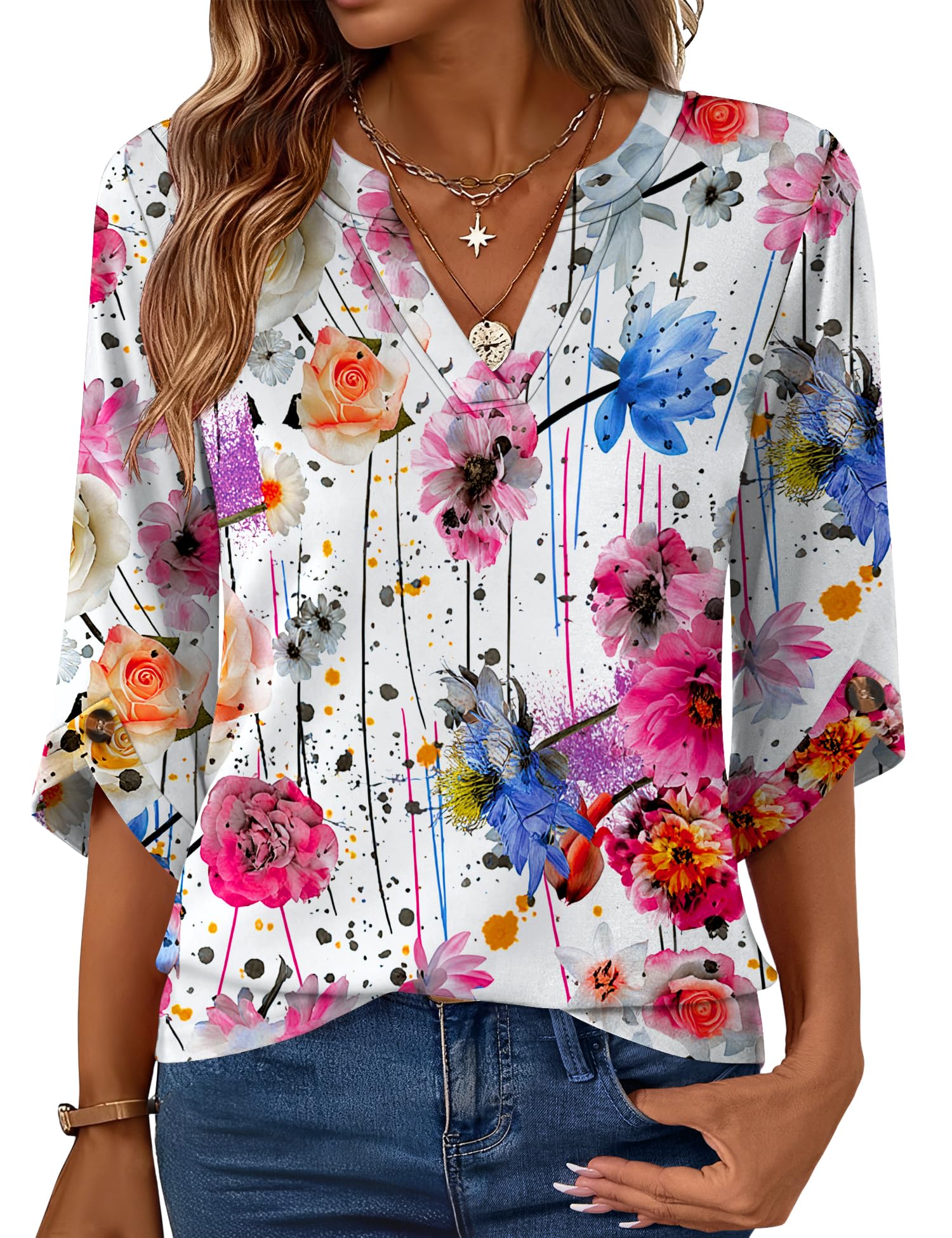 Rapbin Bluse Damen 3/4 Arm Langerm Oberteil Shirt 2026 Sommer Elegant Top Oberteile V Ausschnitt Blusen Lässig Locker Tunika