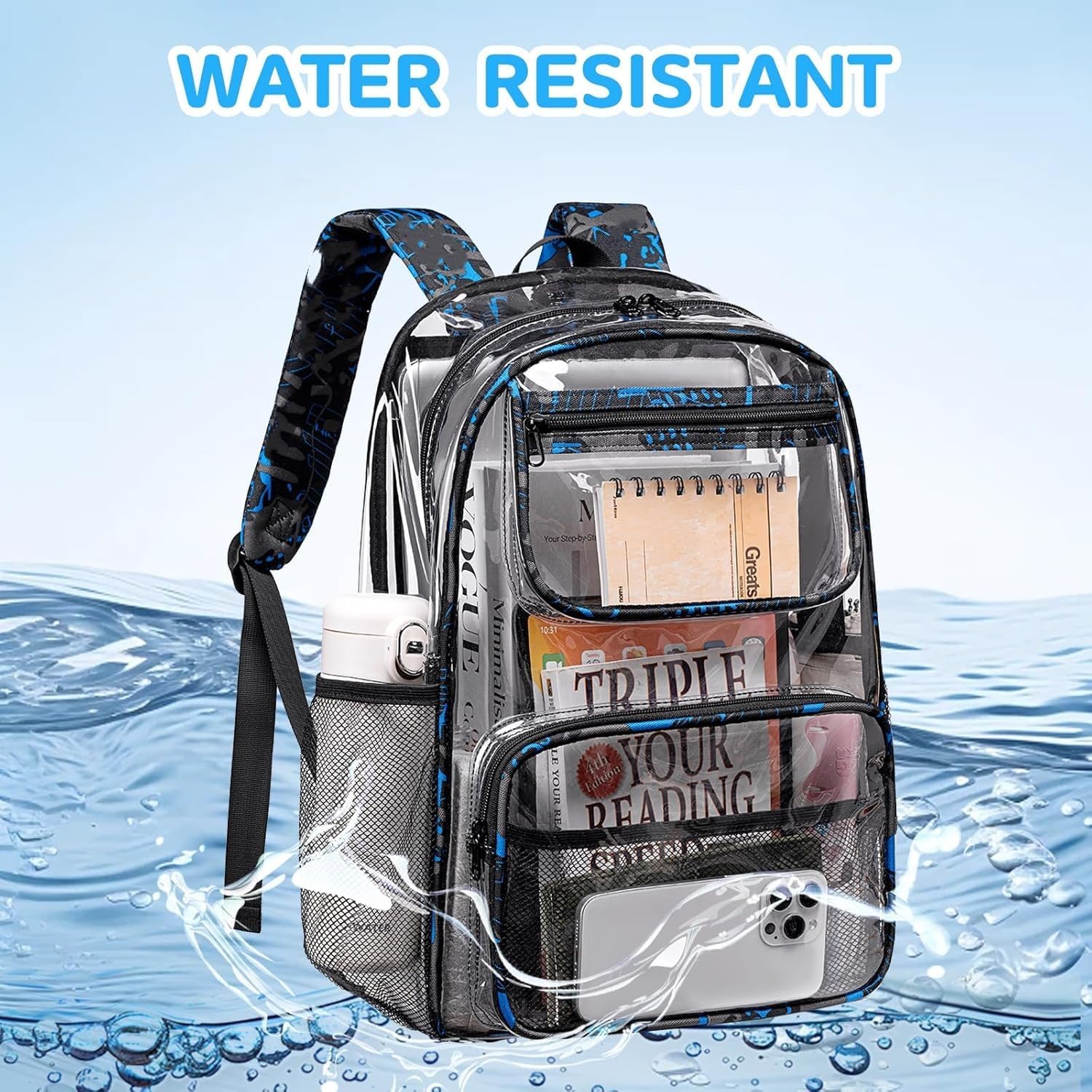 Bluboon Clear Backpack Heavy Duty Kids Boys Clear Bookbag See Through Backpacks with Pencil Case for College Work (Transparent Blue) - Image 6