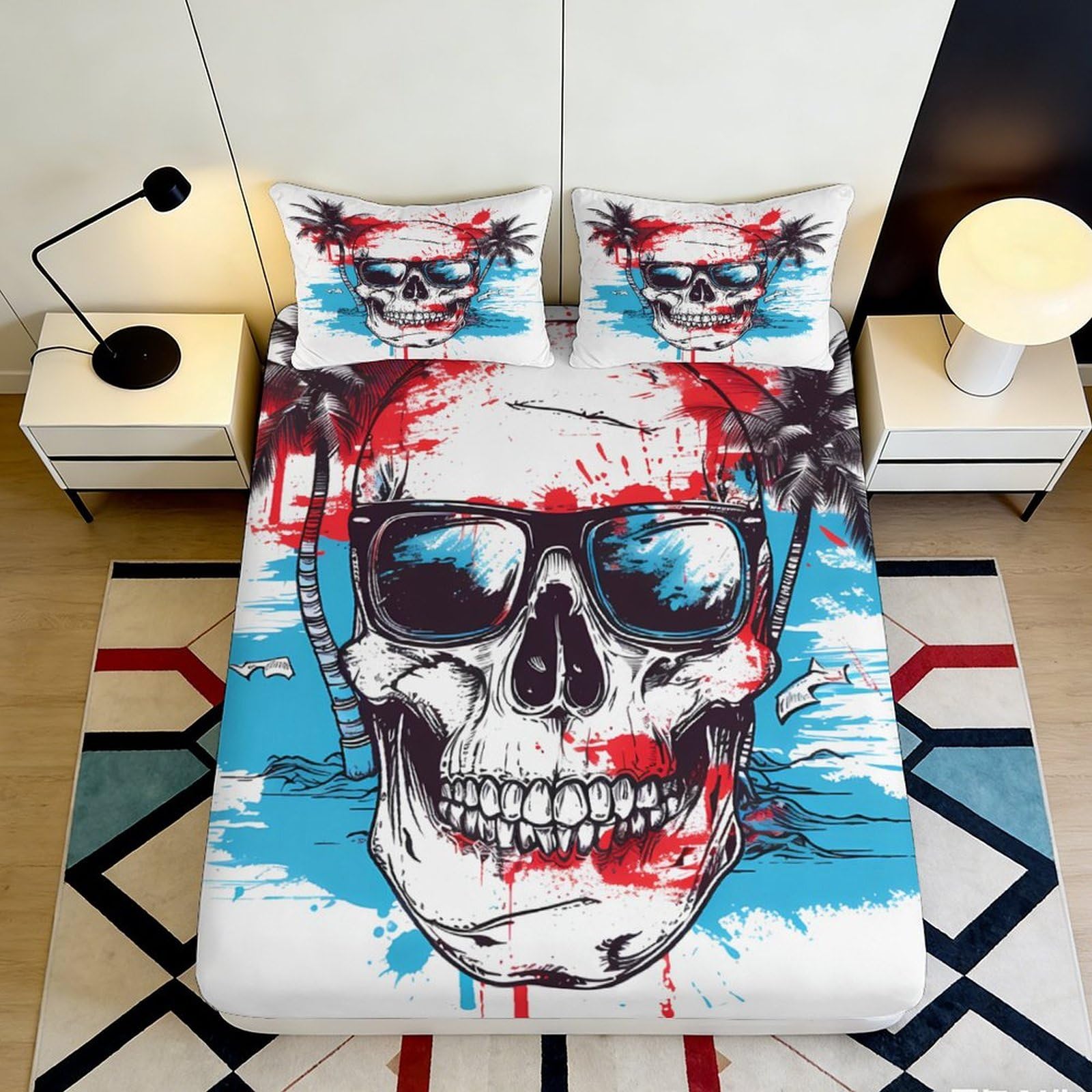 3D Printed Graffiti Skull Fitted Sheet Microfiber Bedroom Bedding Graffiti Skull Mattress Fitted Cover Deep Pocket Non-Slip Washable for Adults Teens 180x200x25cm