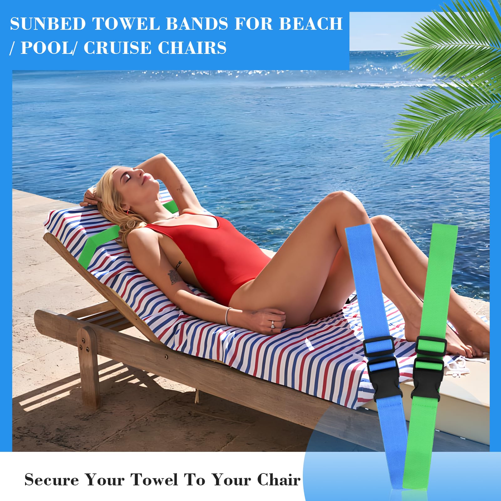 QOPAHI Adjustable Sun Lounger Straps with Buckle, Elastic Sunbed Towel Bands for Beach & Pool Chairs - Image 3
