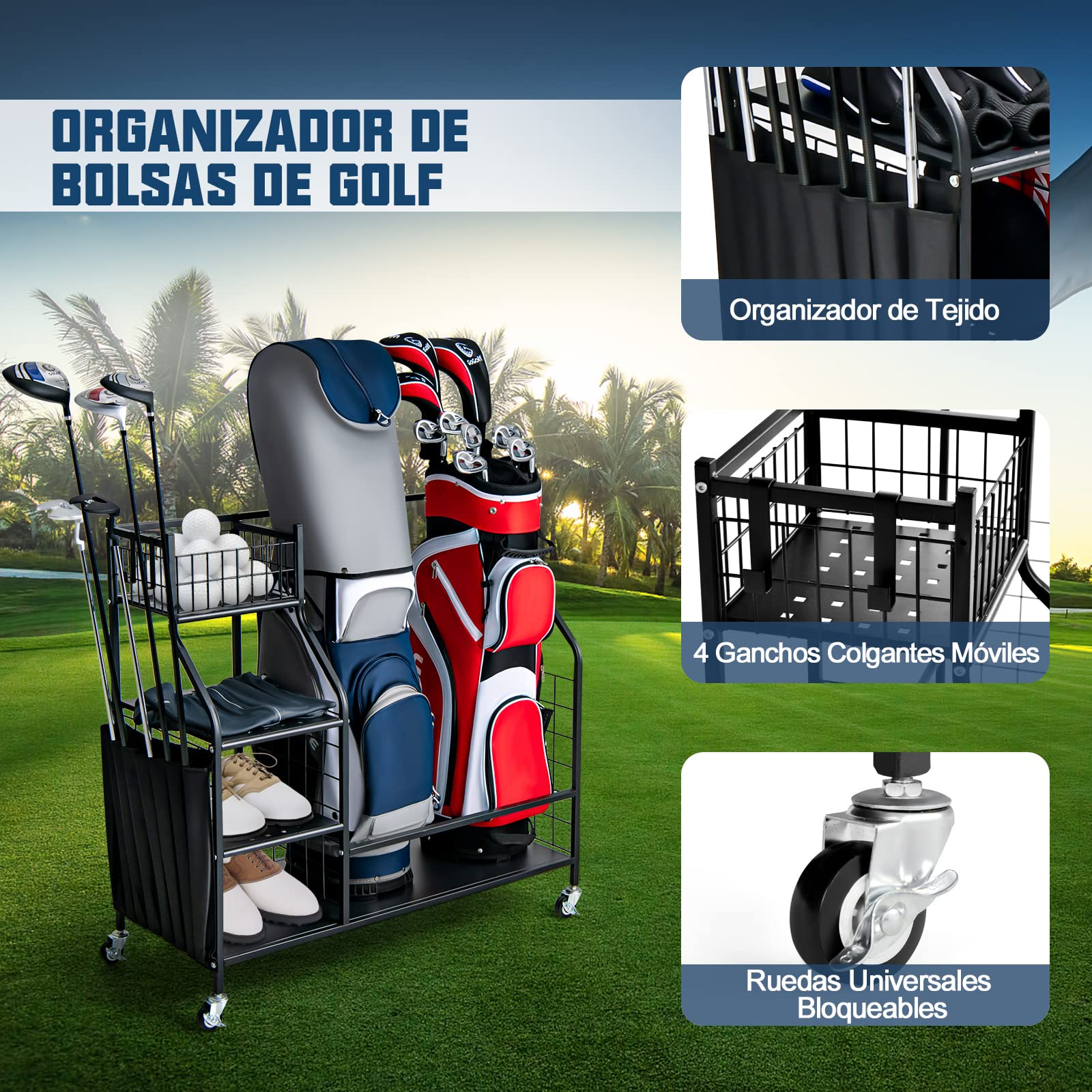 COSTWAY Estante de Almacenamiento para Bolsa de Golf con Ruedas Bloqueables
