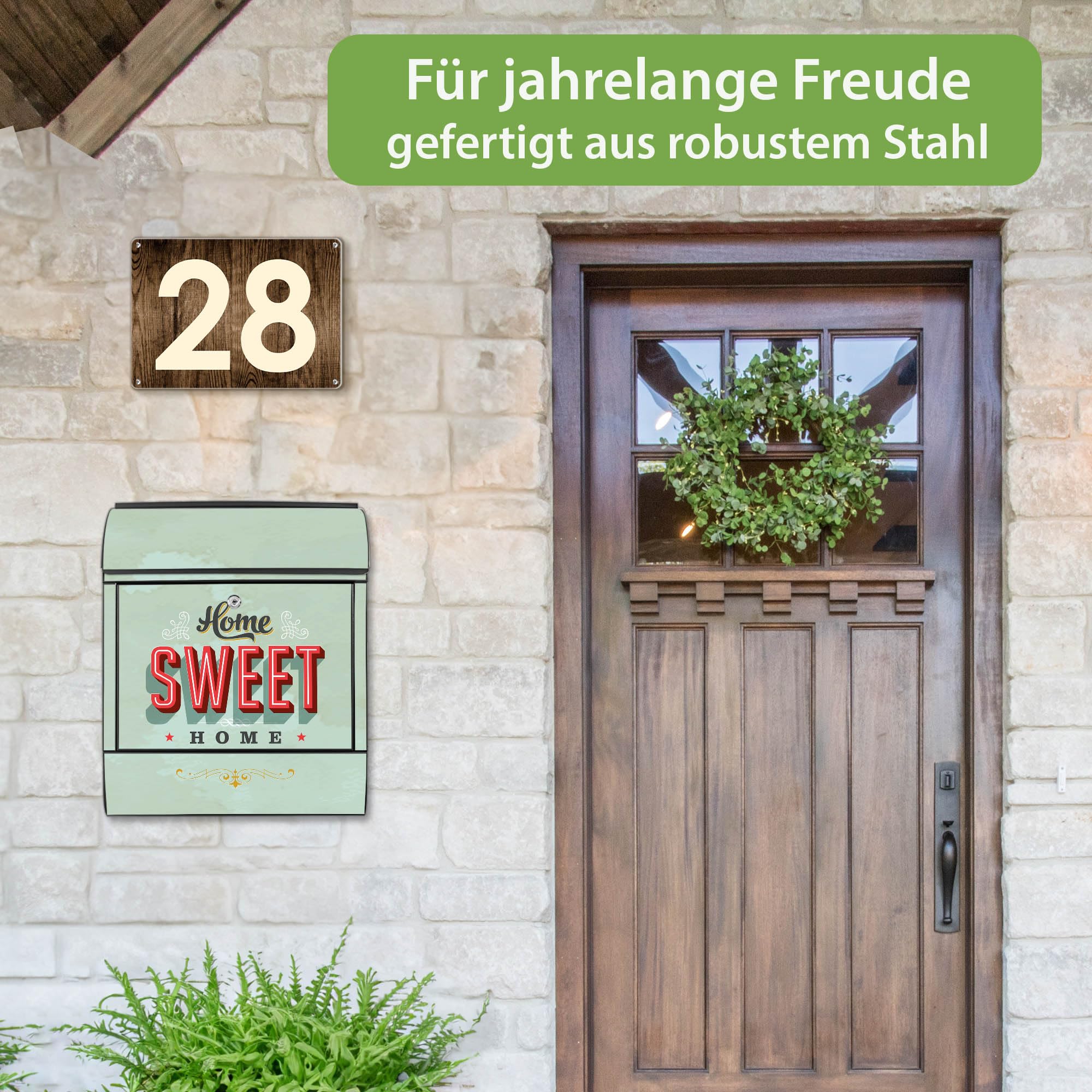 banjado Design Briefkasten 38,5x46,5x13cm & 2 Schlüssel - Briefkasten Stahl Schwarz mit Zeitungsfach pulverbeschichtet - Postkasten A4 Einwurf inkl. Montagematerial - Motiv Home Sweet Home