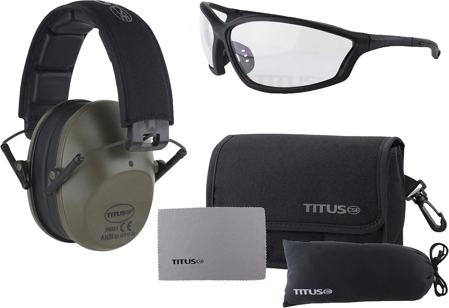 TITUS 2 Series - 34 NRR Slim-Line Hearing Protection &G26 Competition Z87.1 Safety Glasses Combos (Olive, Clear)