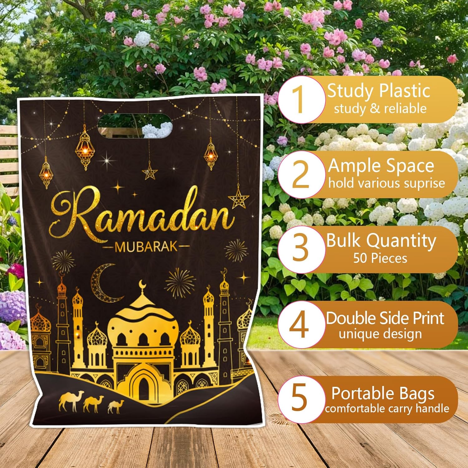 Falueqg Ramadan Party Favor Bags - 50 Pcs Black Gold Eid Mubarak Goodie Candy Treat Bags Ramadan Kareem Muslim Castle Pattern Party Supplies for Muslim Islamic Eid Al Fitr Decorations - Image 3