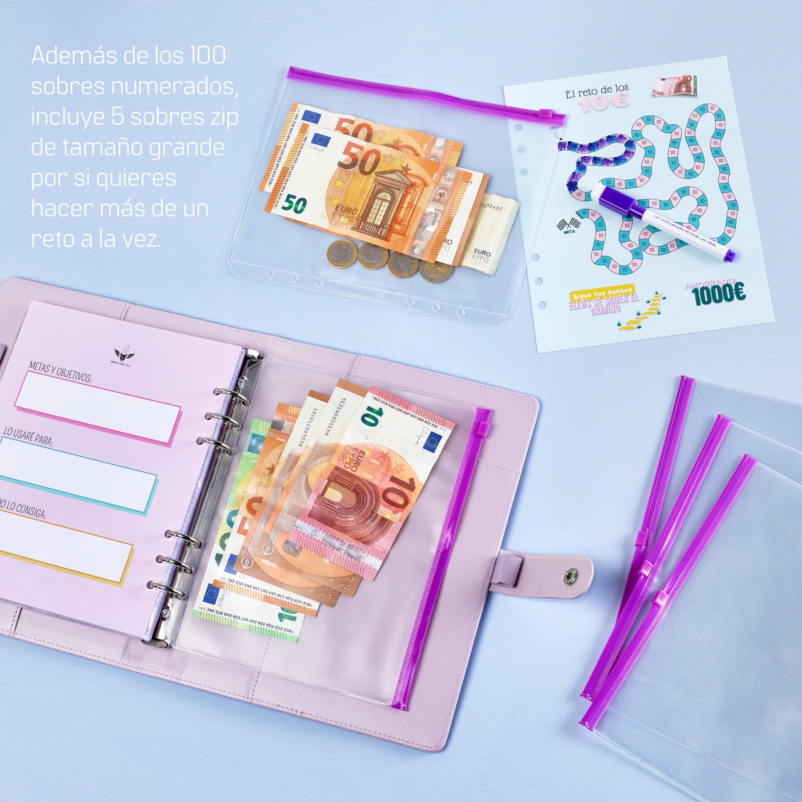 WHEN PIGS FLY - Libreta de Ahorro A5 Completamente en Español - Agenda Ahorro Dinero Español - Carpeta Ahorro Dinero - Organizador de dinero - Carpeta de Ahorro de Dinero (Morado)