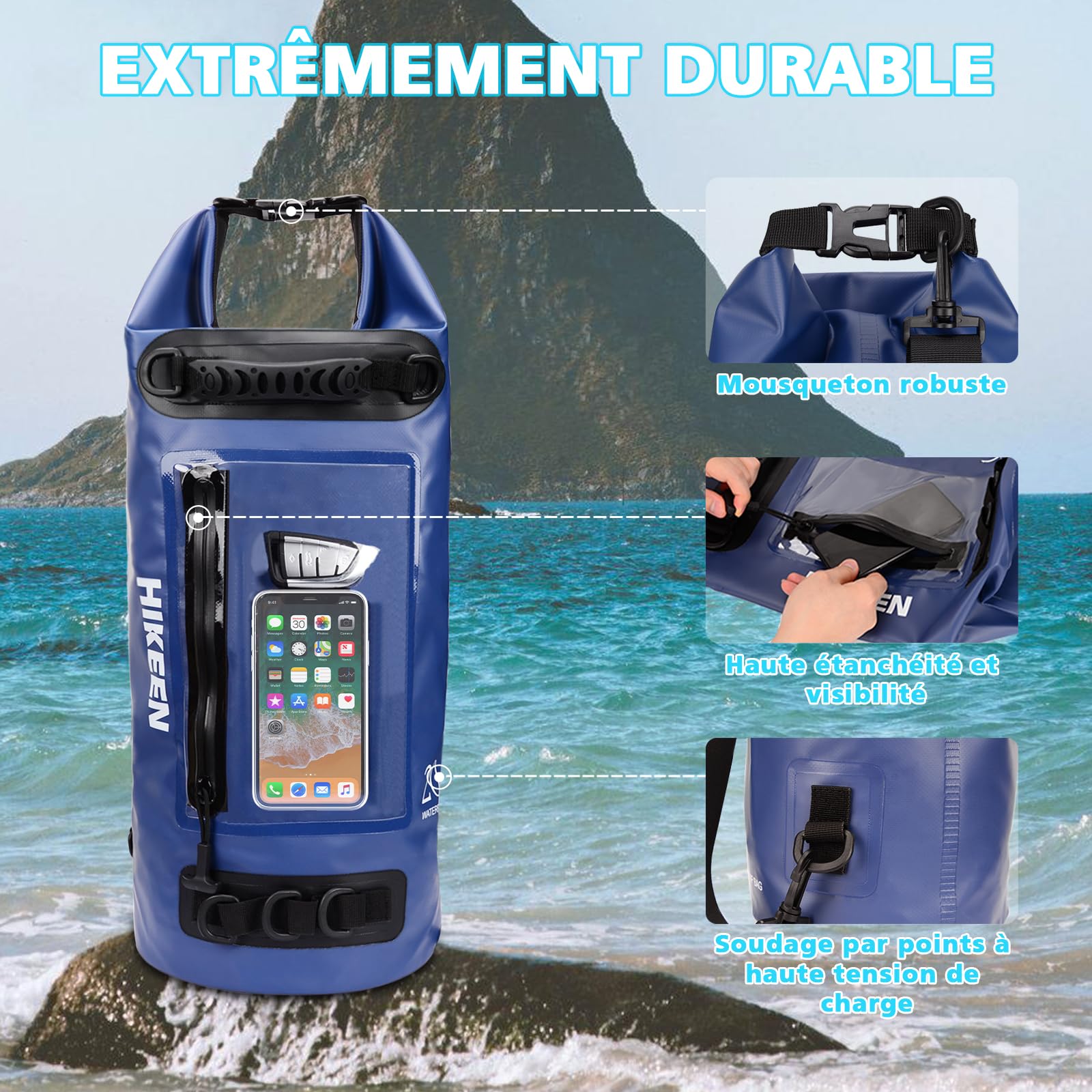 BOOSTEADY 5L/10L/20L Sac Sec Étanche Léger IPX7, Sac Impermeable Étui de Téléphone pour Écran Tactile Zippé avec Anneaux en D & Sangle Réglable, Dry Bag Waterproof Bag pour Plage Kayak Bateau-20L