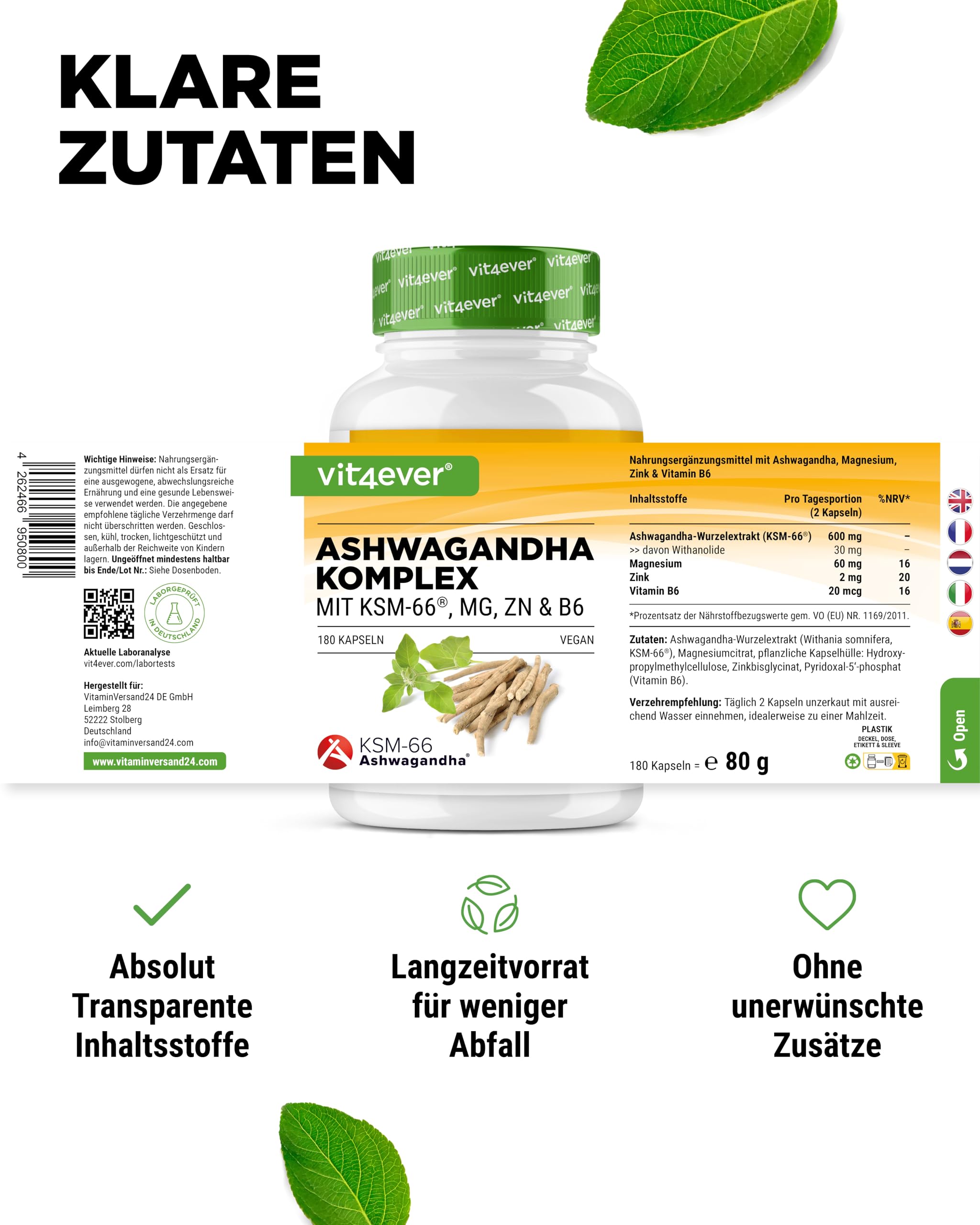 vit4ever Ashwagandha KSM-66® Komplex - 180 Kapseln - 600 mg | Mit Magnesium, Zink & Vitamin B6, ohne Zusätze, hochdosiert, vegan