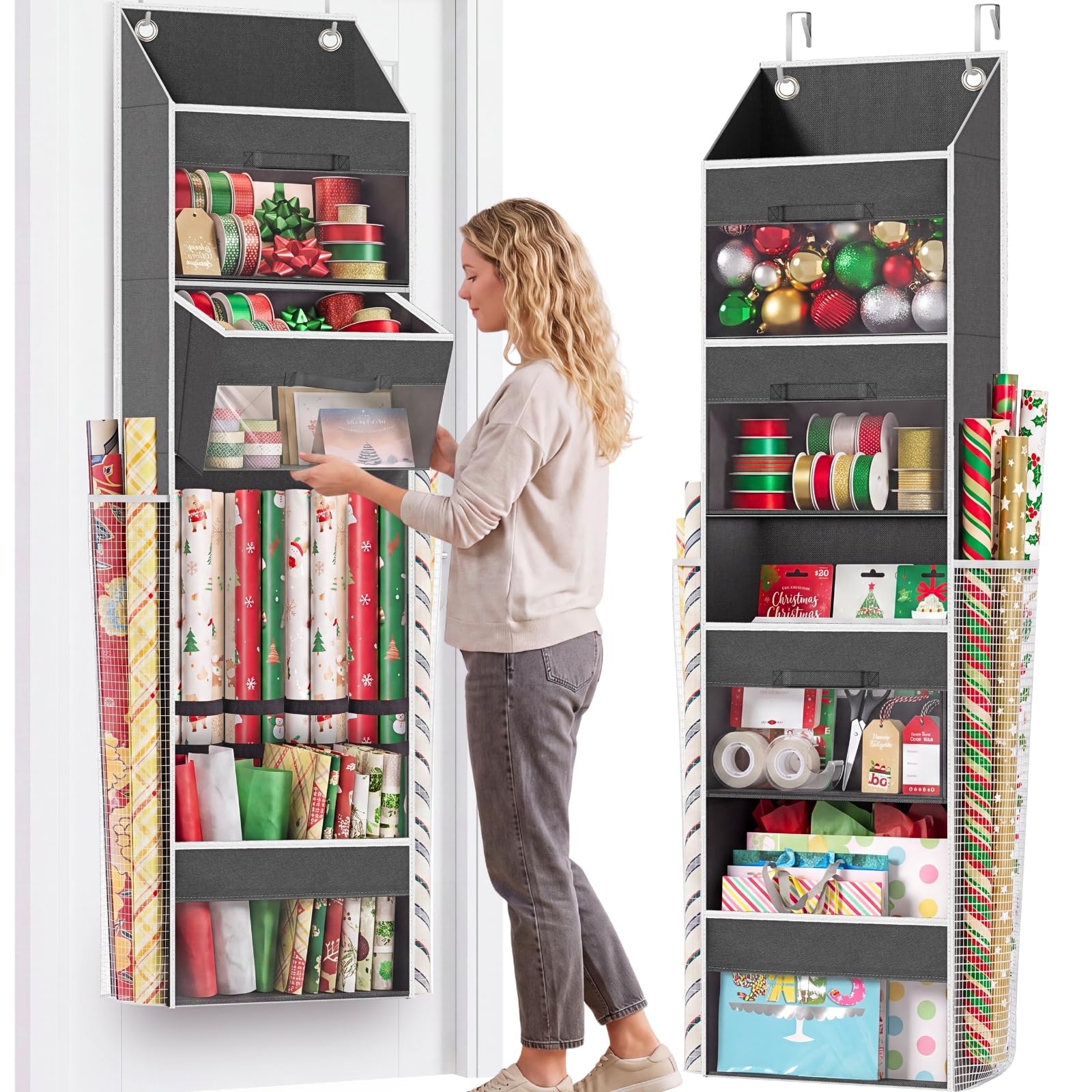 Over Door Wrapping Paper Organizer Storage with 3 Removable Drawers &amp; Side Pockets – Dual Use Design with Elastic Straps – Christmas Gift Wrap Storage for Ribbons, Bows, Ornament and Other Tools 1Pack