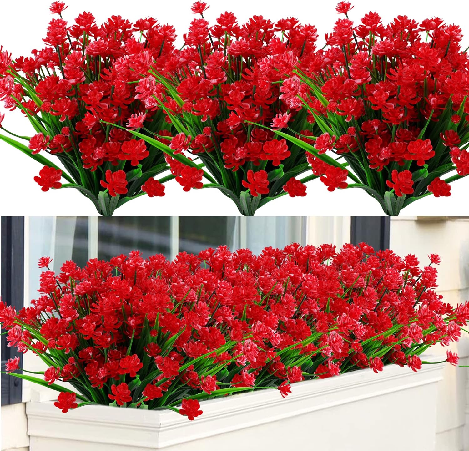 GREENRAIN 12 Bundles Artificial Flowers Lotus Outdoor Fake Flowers for Decoration UV Resistant No Fade Faux Plastic Plants Garden Porch Window Box Décor (Red)