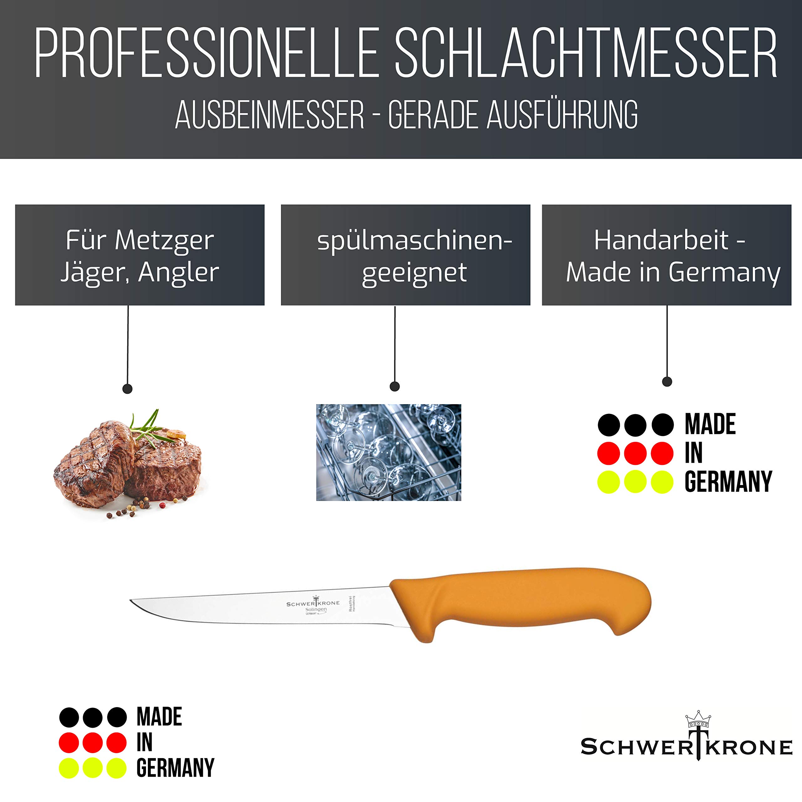 Schwertkrone Solingen - Coltello da Macellaio, Coltello da Disosso - Acciaio Inox, Lama Lucida - Semi-Flessibile e Dritto - Per macellai e cacciatori