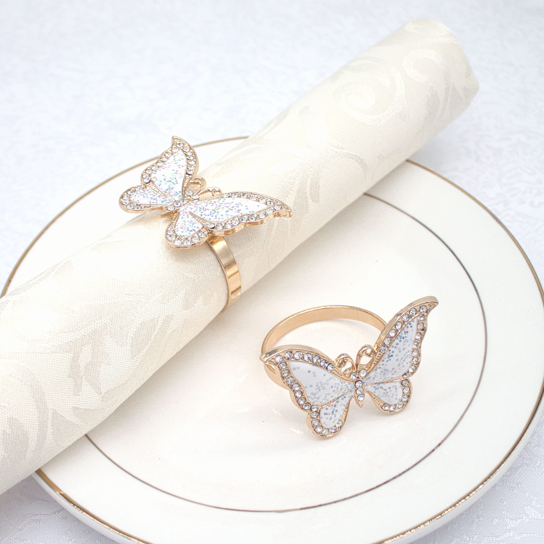 Rhinestone Butterfly Napkin Rings Set of 4, Insect Brass Gold Napkin Holder Buckle for Daily Table Parties,Birthday, Weddins, Christmas, Thanksgiving, Valentine's Day, Serviette Decoration