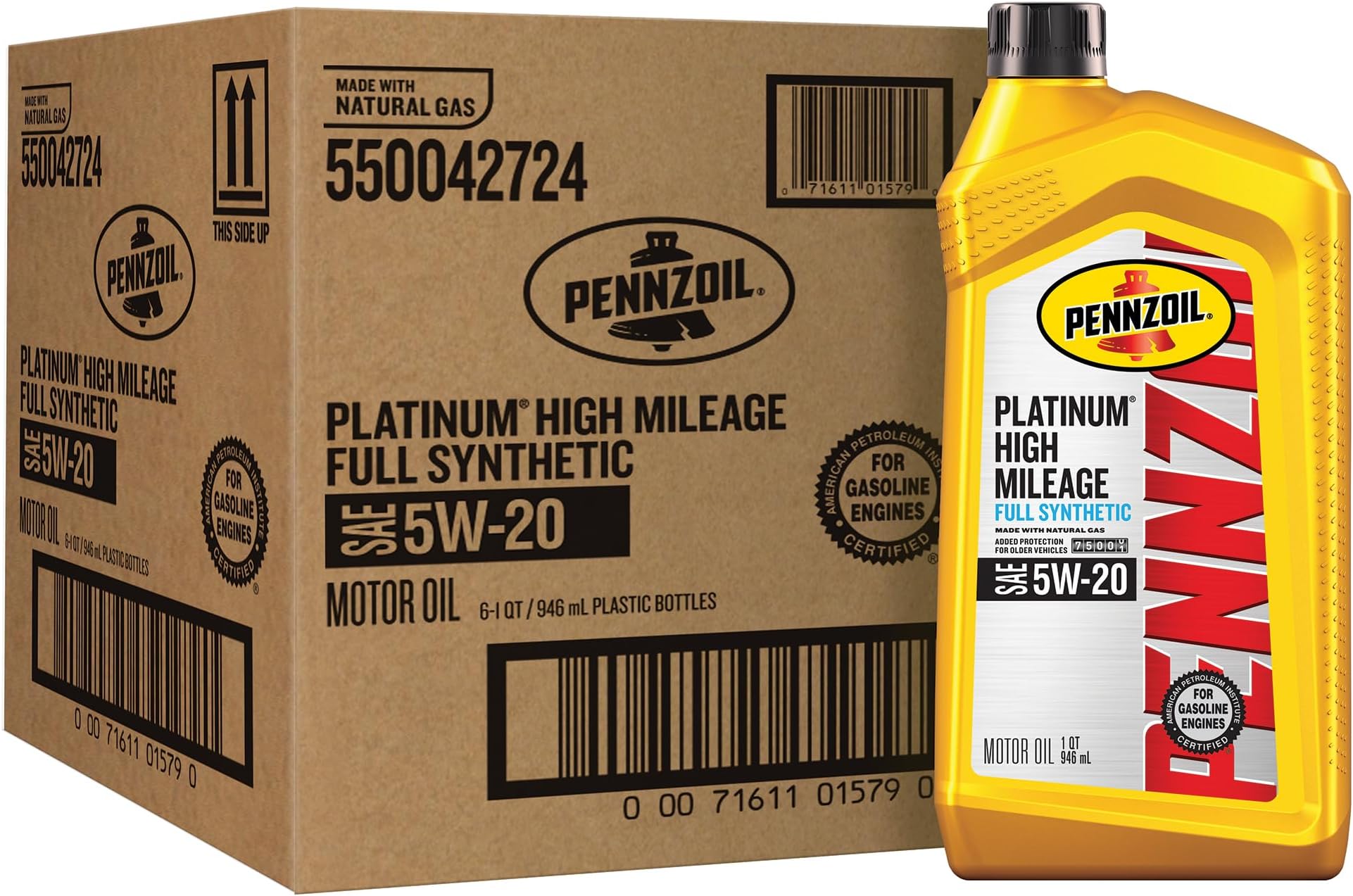 Pennzoil Platinum High Mileage Full Synthetic 5W-20 Motor Oil, 1 Quart (6 Pack)
