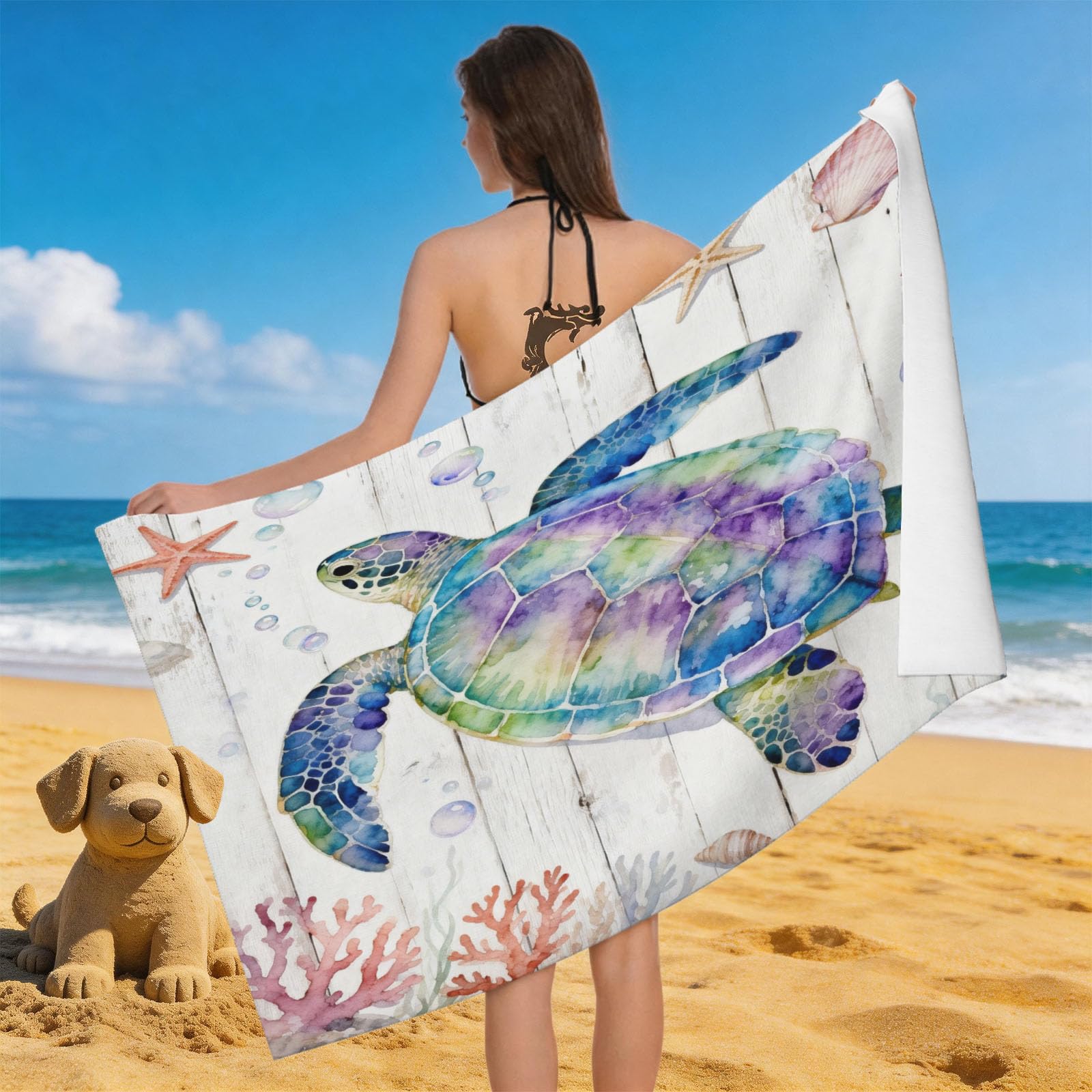 Leichong 3D Sea Turtle Illustration Beach Towel Large Microfiber Soft Quick Dry for Adults, Watercoloring Bath Towel Lightweight Soft Absorbent for Travel Swimming Pool Sports, 80 x 160 cm