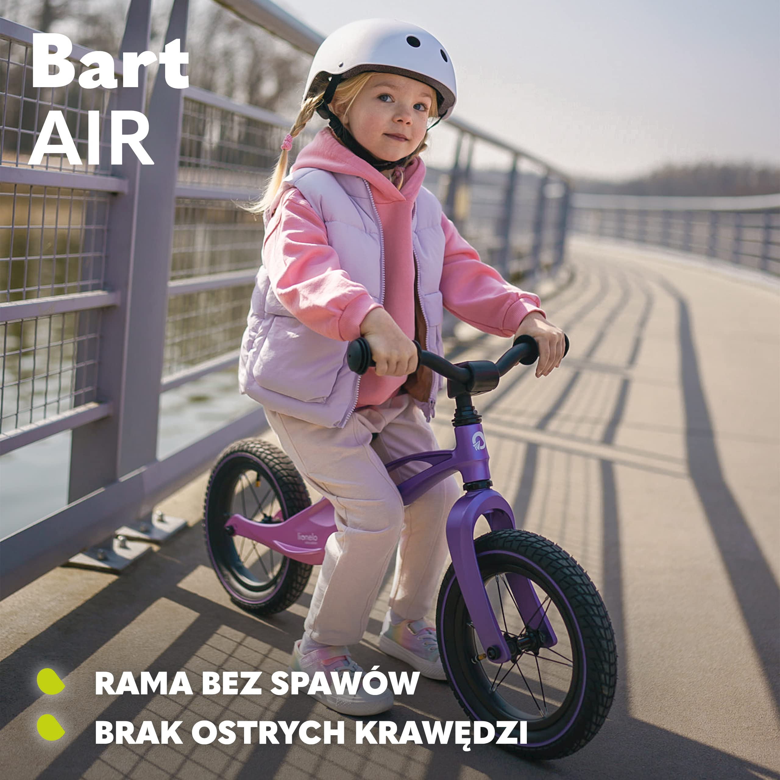 LIONELO Bart Air rowerek biegowy do 30kg, piankowe koła EVA, magnezowa rama, eko-skóra, wyprofilowany podnóżek, antypoślizgowe nakładki, uchwyt do przenoszenia, miękka struktura