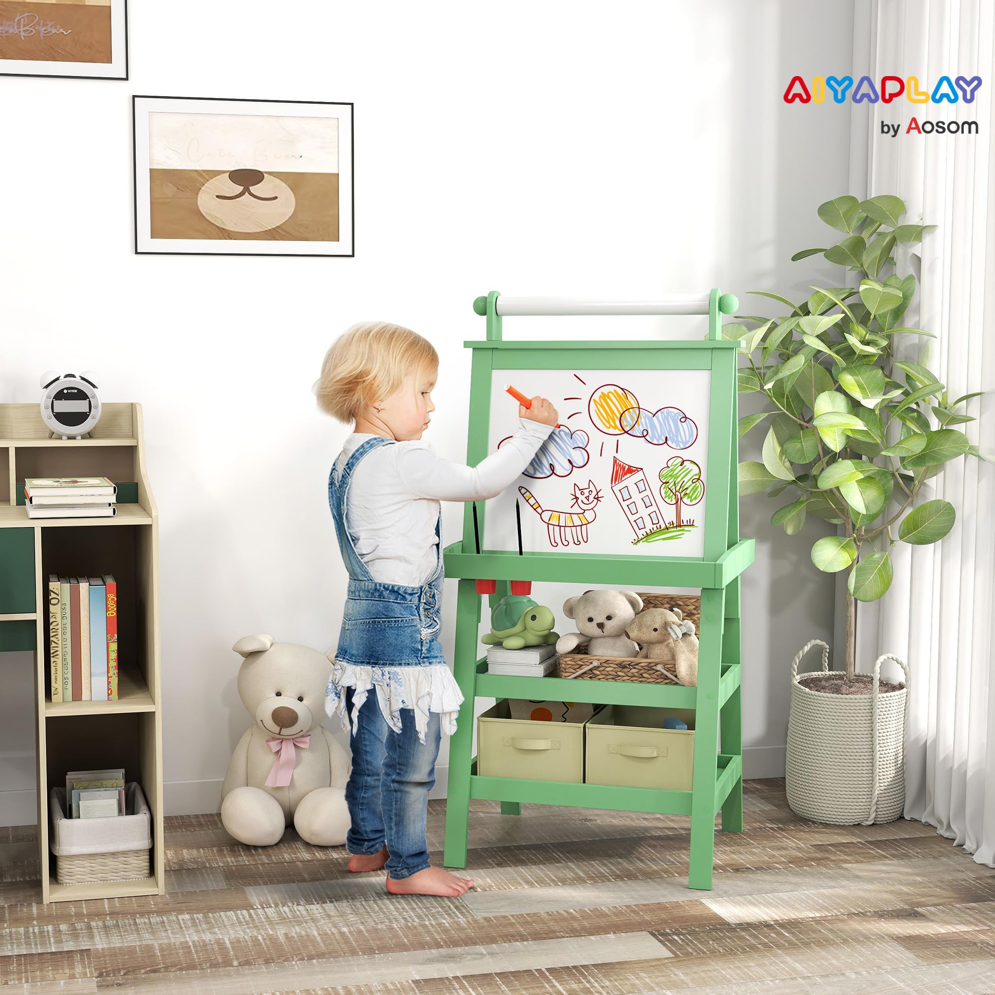 AIYAPLAY Lavagna cavalletto per bambini 3 in 1 lavagna double face bambino con pannello bianco e nero magnetico - rotolo di carta + 2 cestini portaoggetti integrati - 3-6 anni in legno verde