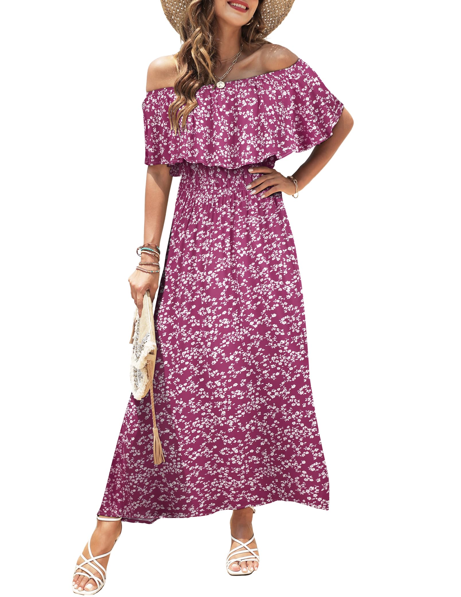 Bluetime Womens Maxi Dress Off Shoulder Floral Print Boho Beach Long Summer Dresses