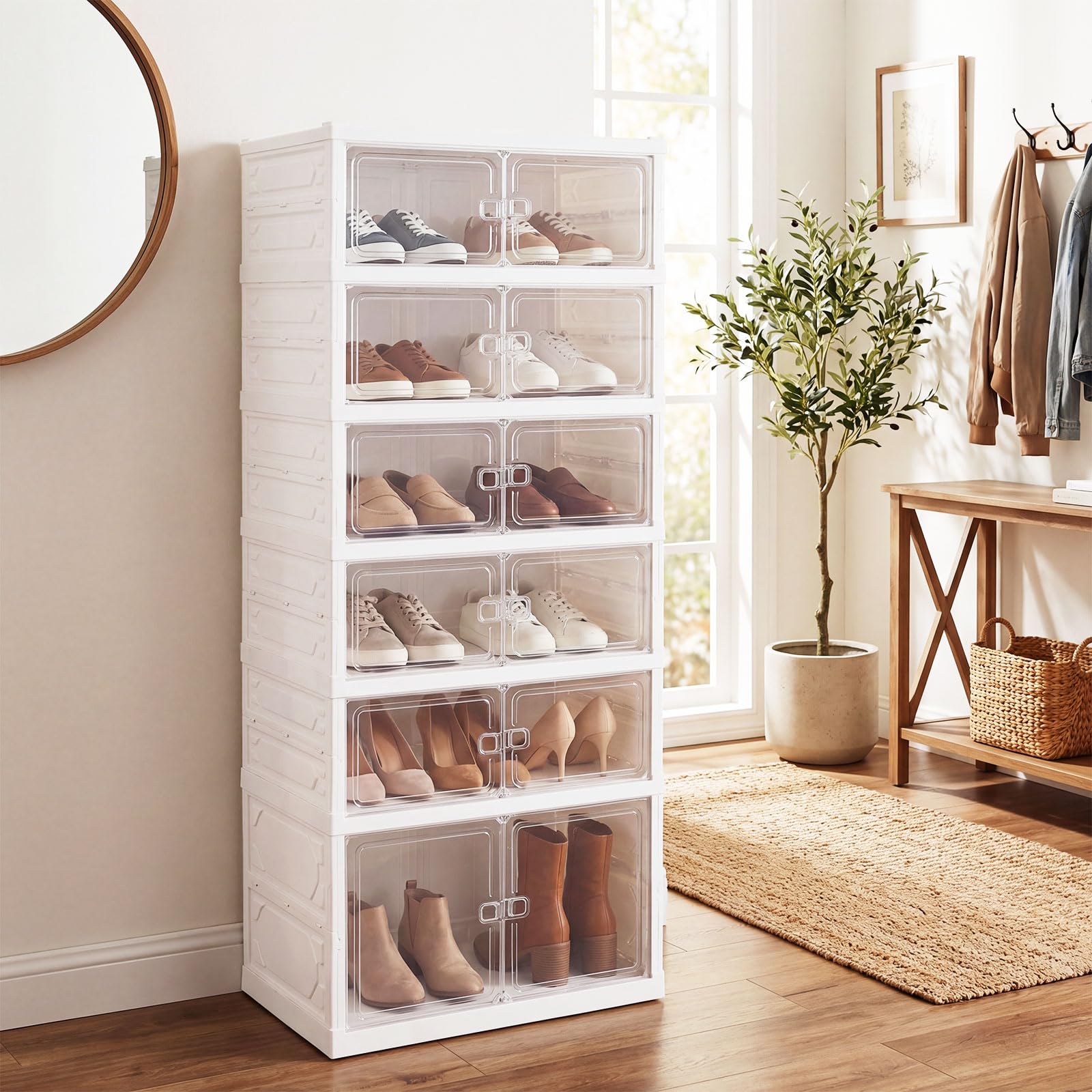 SOARS Scarpiera Salvaspazio Pieghevole, Scatole per Scarpe a 6 Livelli per 12 Paia con Porte Magnetiche Trasparenti, Portascarpe per Ingresso, Soggiorno e Camera da Letto, 45 x 35 x 117 cm