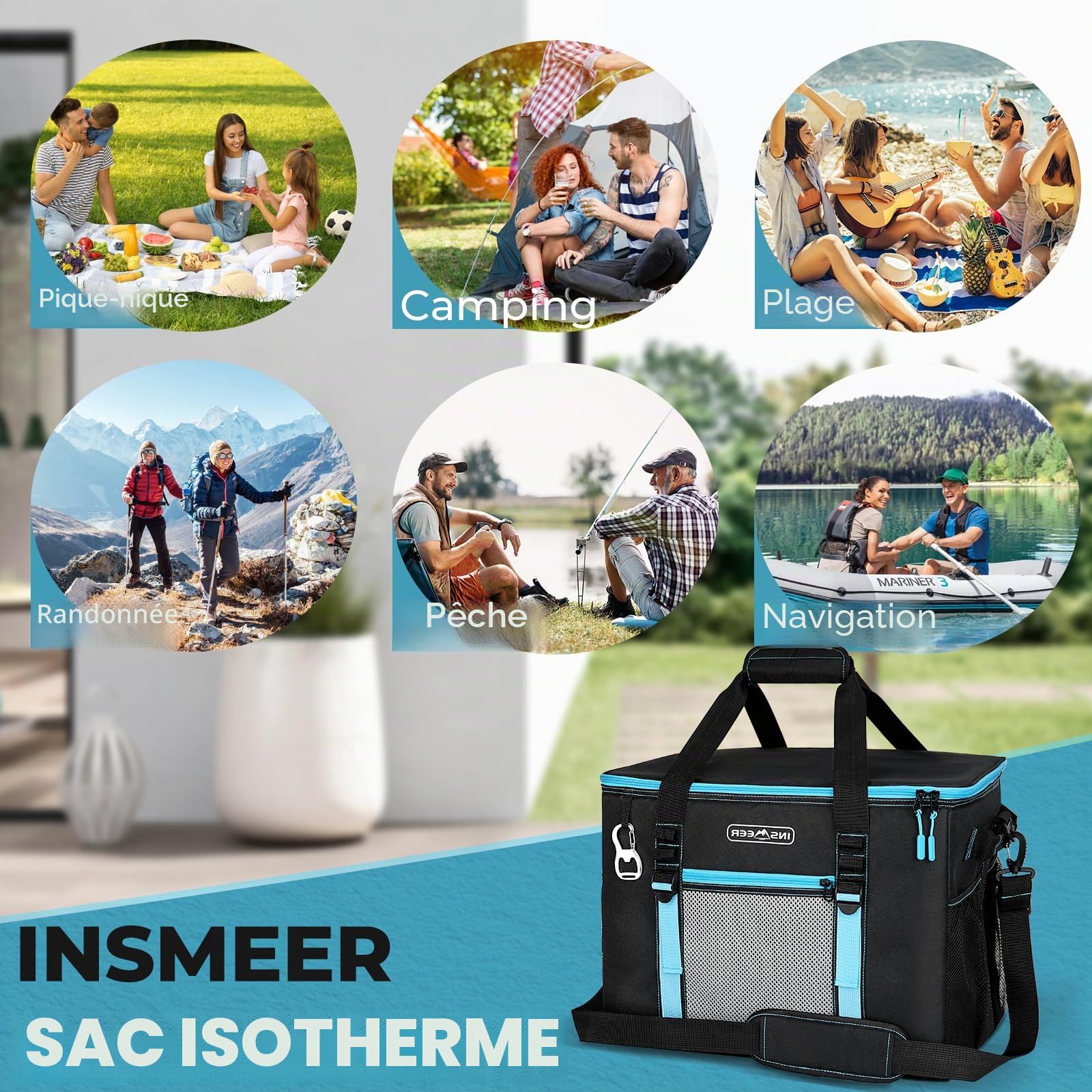 INSMEER Sac isotherme grand 50 L, sacs isothermes pliables pour 80 canettes, étanche/avec ouvre-bouteille intégré, sac de pique-nique/boîte isotherme grande pour camping, plage, pique-nique