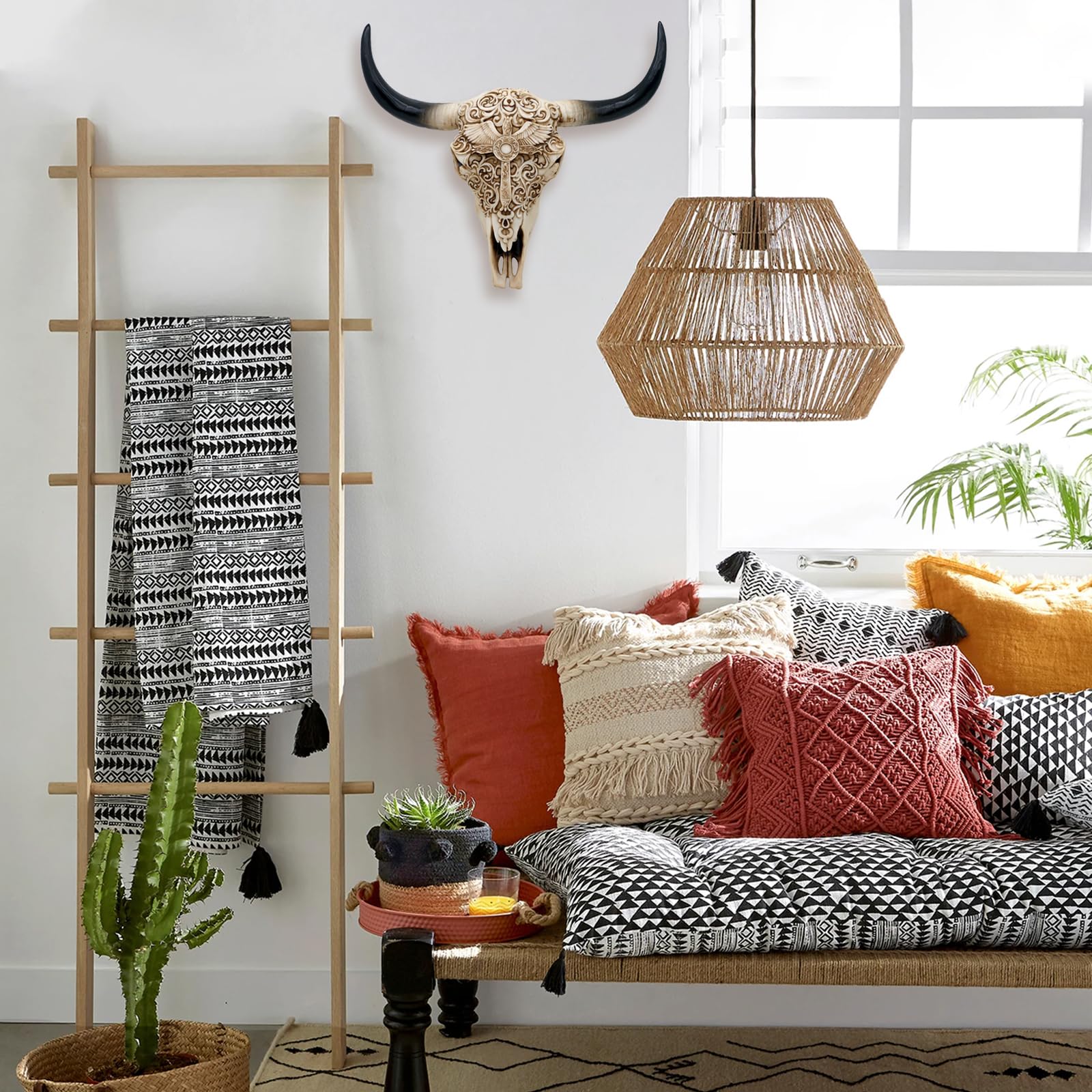 alikiki Zachodnia krowa czaszka dekoracja ścienna - 30 cm długa realistyczna głowa zwierzęcia wisząca sztuka boho krzyż sterowanie bizon bawół byk krowa rogata czaszka dom dekoracja ścienna