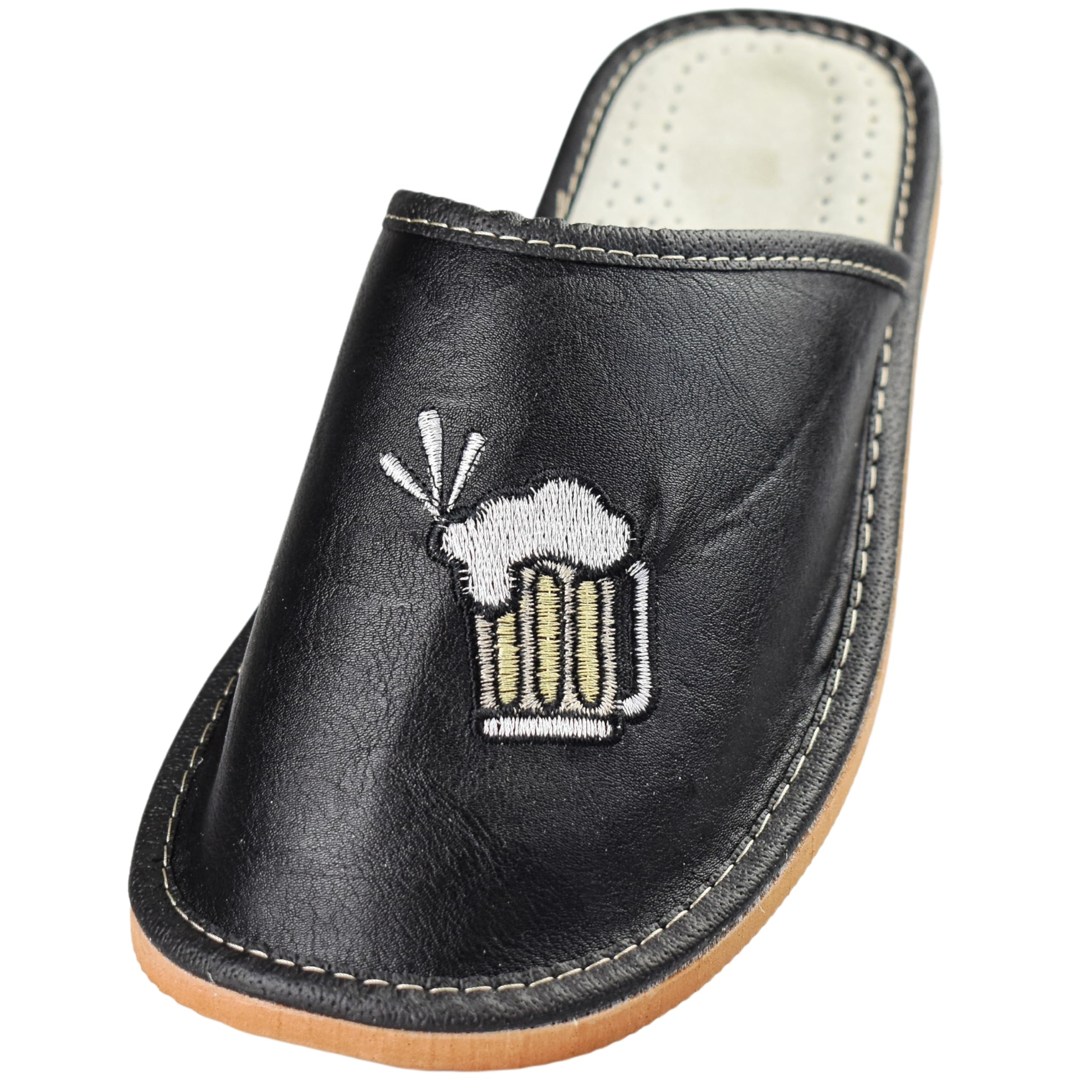 APREGGIO Men's Slippers - Handmade from Natural Leather with Beer Embroidery Solid Sole Size 40-46