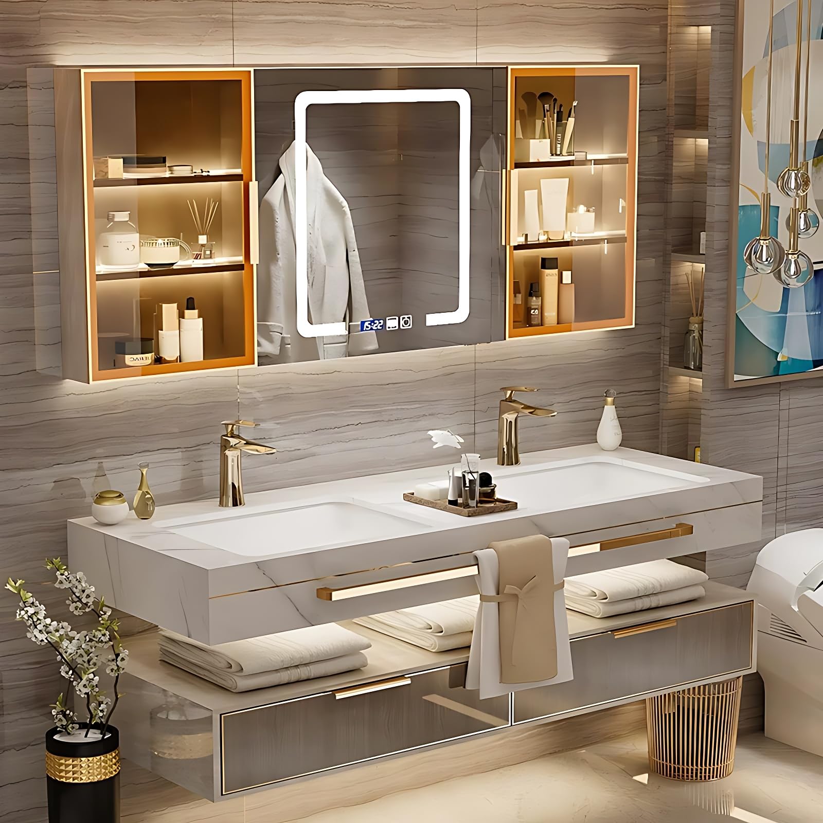 ZGNBSD Bathroom Vanity with Sink - Single/Double Sink Bathroom Vanity & LED Fog Removal Mirror Cabinet, Modern Design, Wall-Mounted Floating Vanity (